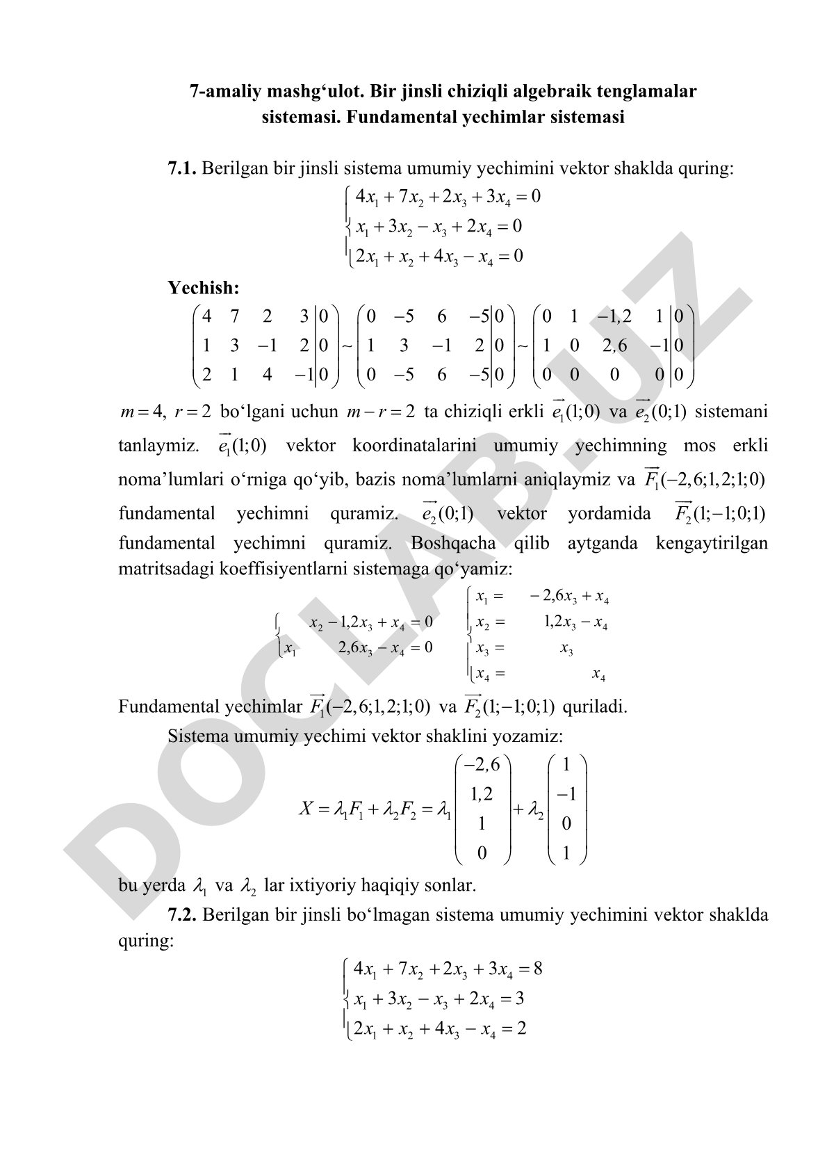 Bir jinsli chiziqli algebraik tenglamalar sistemasi. Fundamental yechimlar sistemasi