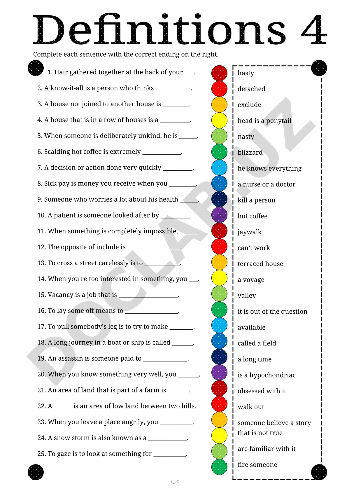 English Vocabulary Definitions Matching Exercise