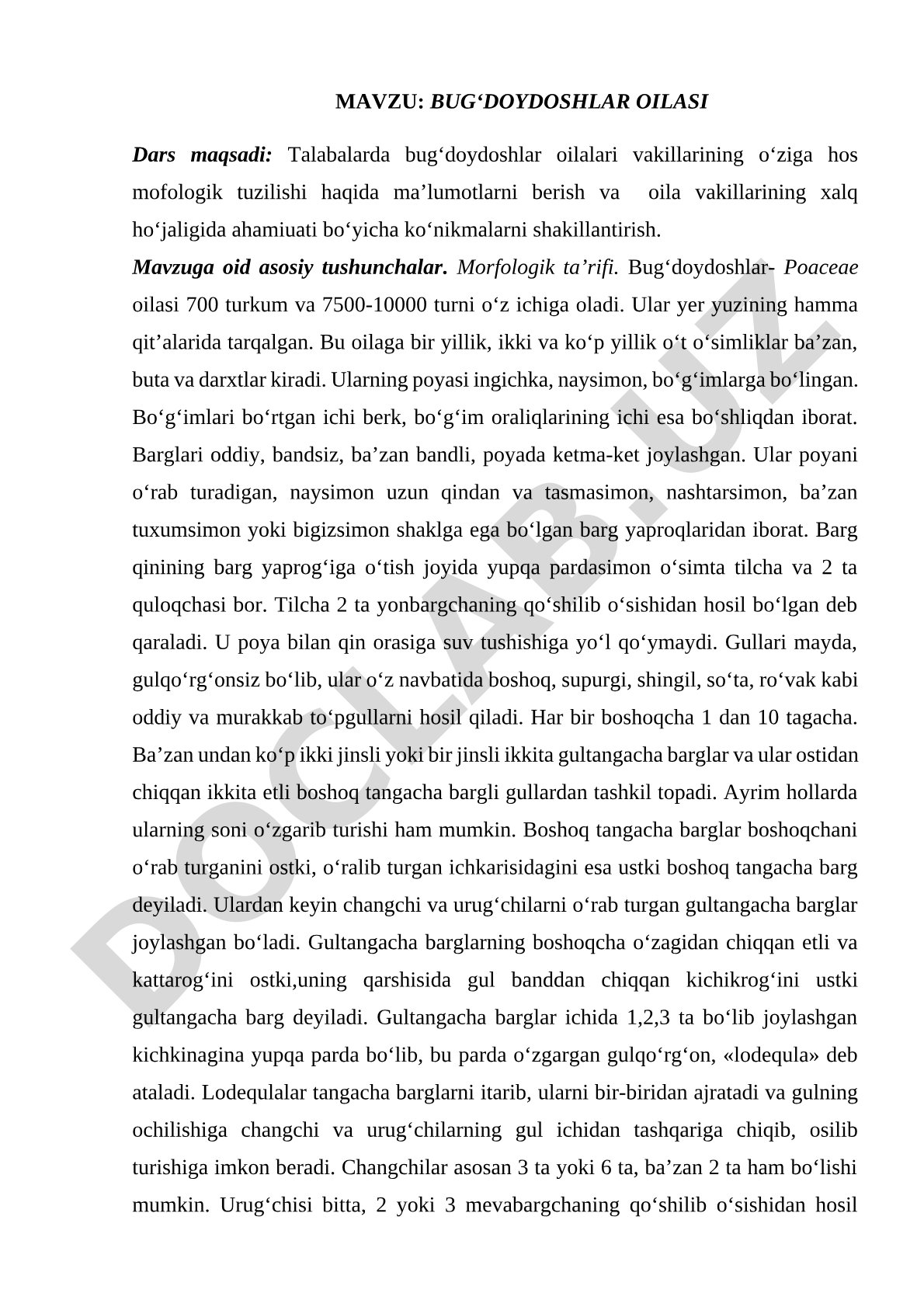 Bug'doydoshlar oilasining morfologik tuzilishi va xalq xo'jaligidagi ahamiyati haqida
