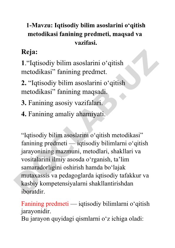 Iqtisodiy bilim asoslarini o‘qitish metodikasi fanining predmeti, maqsad va vazifasi