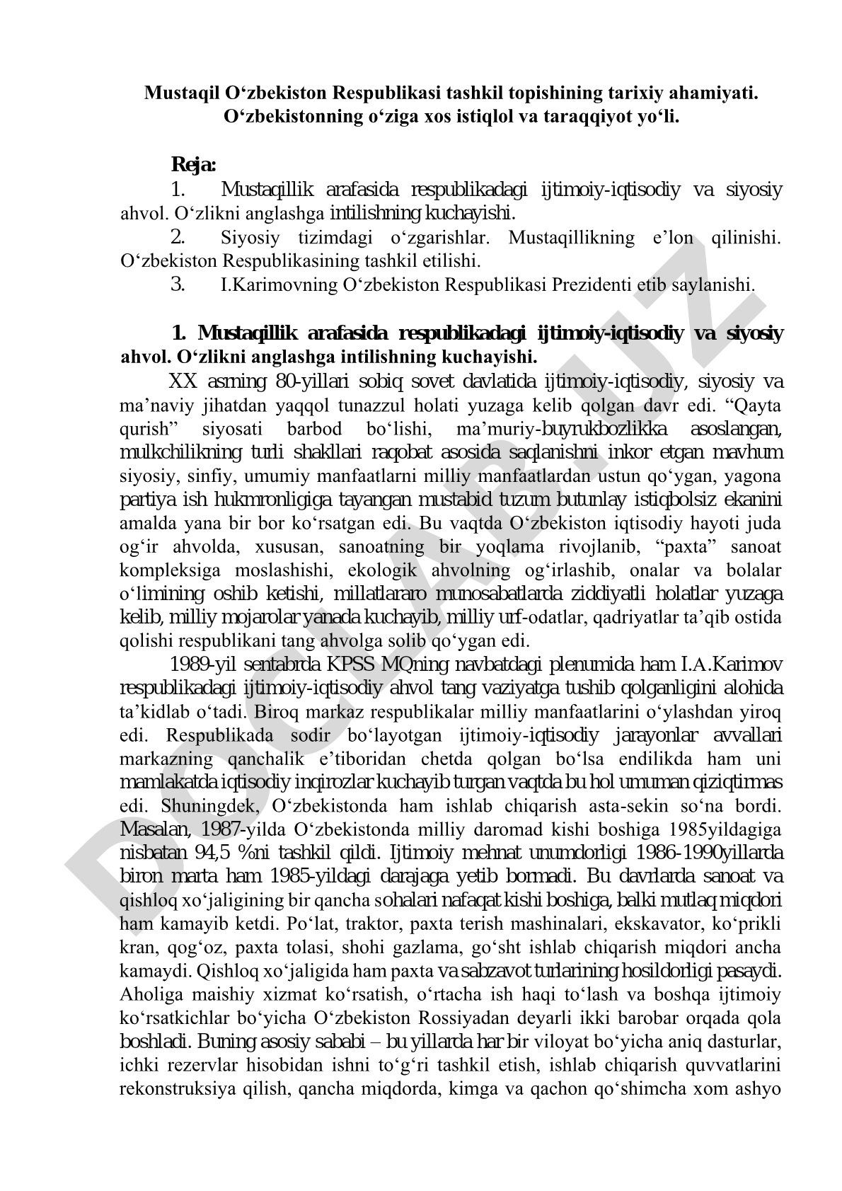 Mustaqil O‘zbekiston Respublikasi tashkil topishining tarixiy ahamiyati