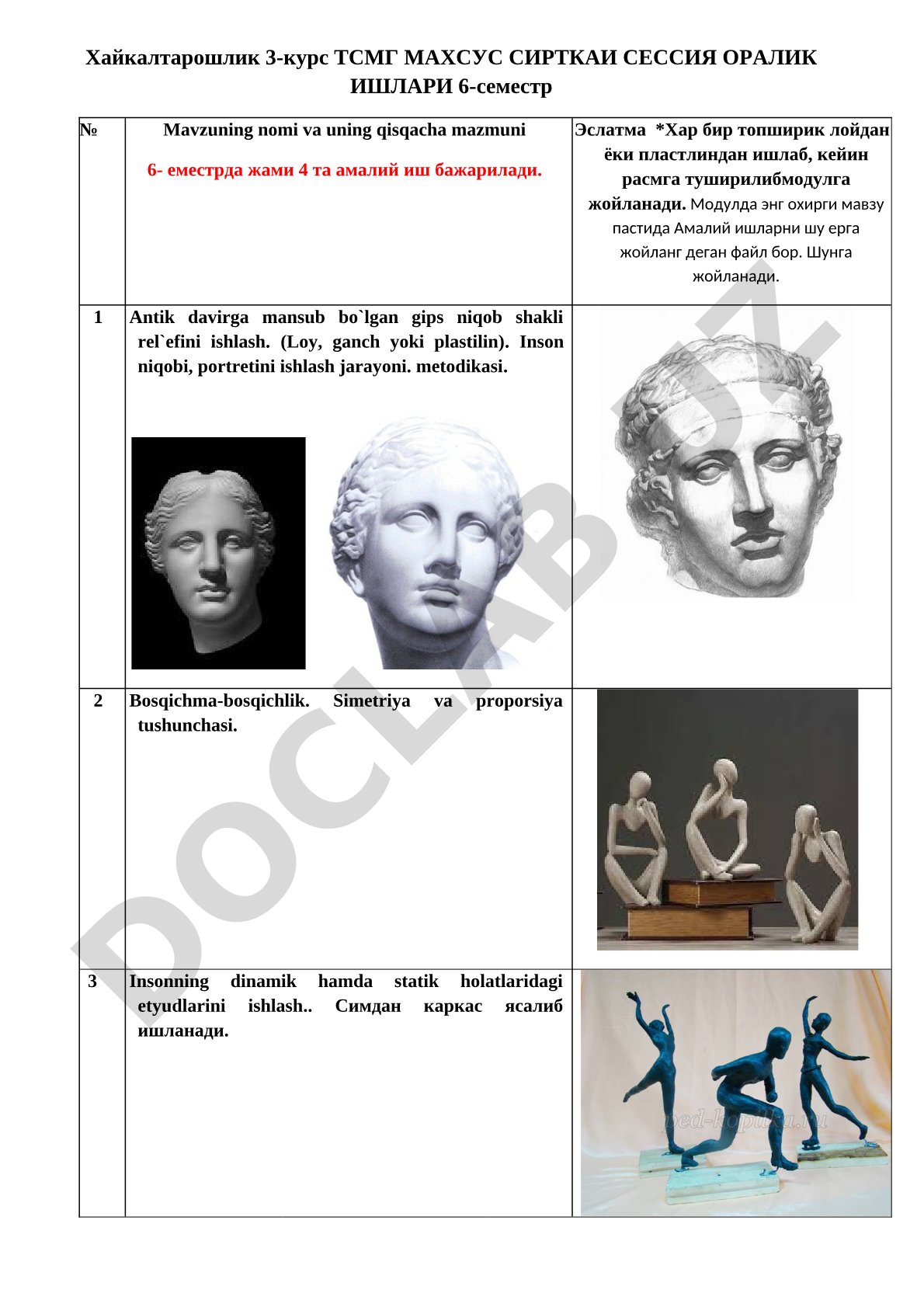 Haykaltaroshlik 3-kurs TSMG maxsus sirtqi sessiya oralik ishlari 6-semestr