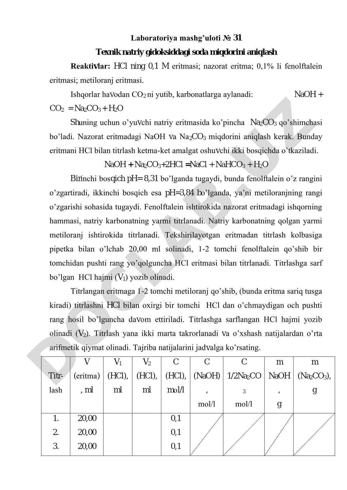 Laboratoriya mashg'uloti № 31 Texnik natriy gidoksiddagi soda miqdorini aniqlash