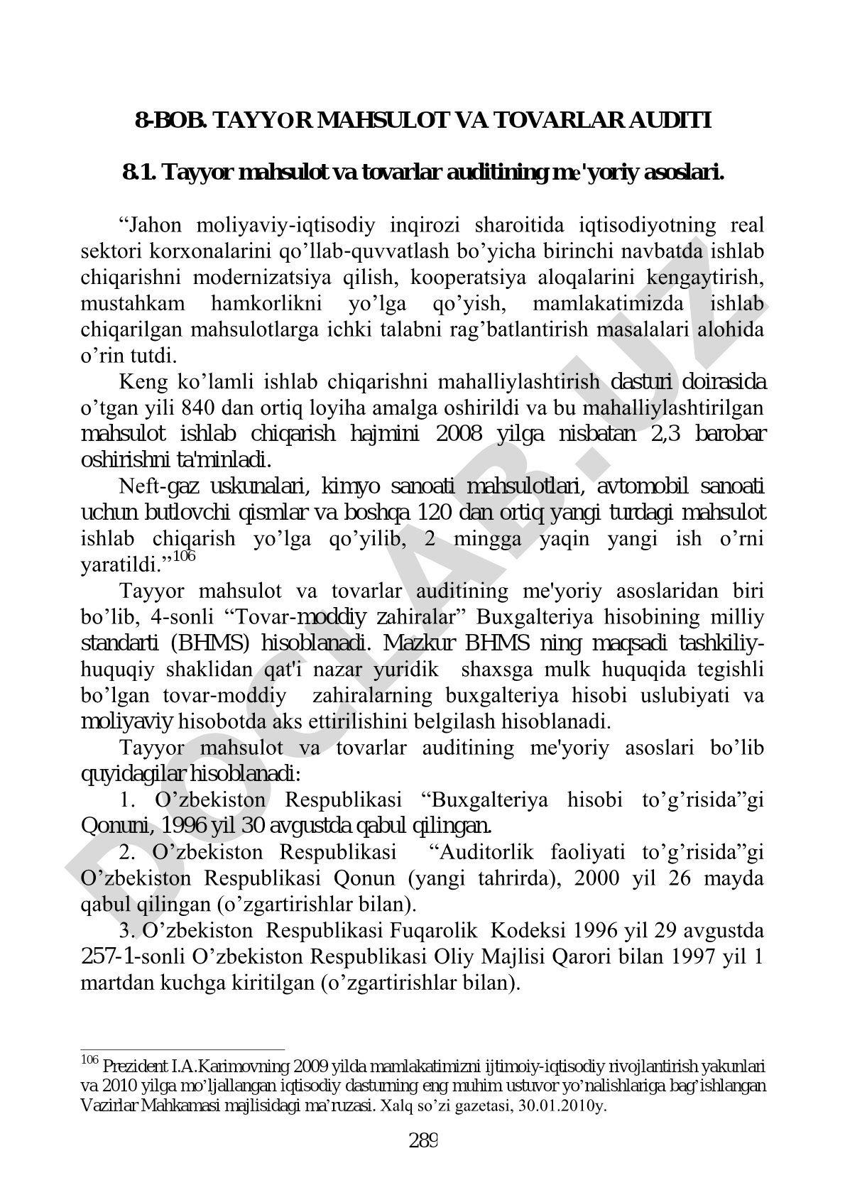 Tayyor mahsulot va tovarlar auditining me'yoriy asoslari