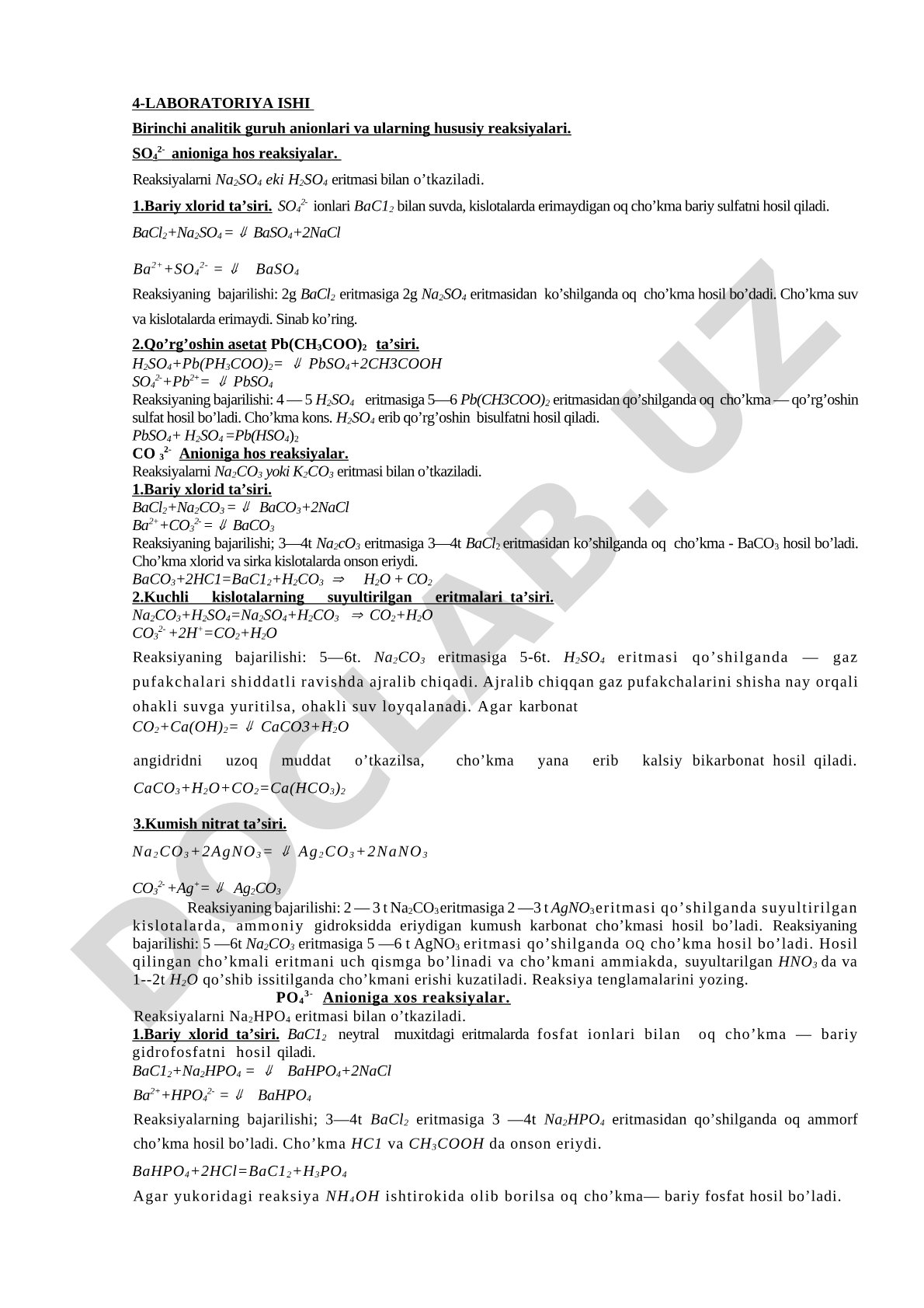 Birinchi analitik guruh anionlari va ularning hususiy reaksiyalari