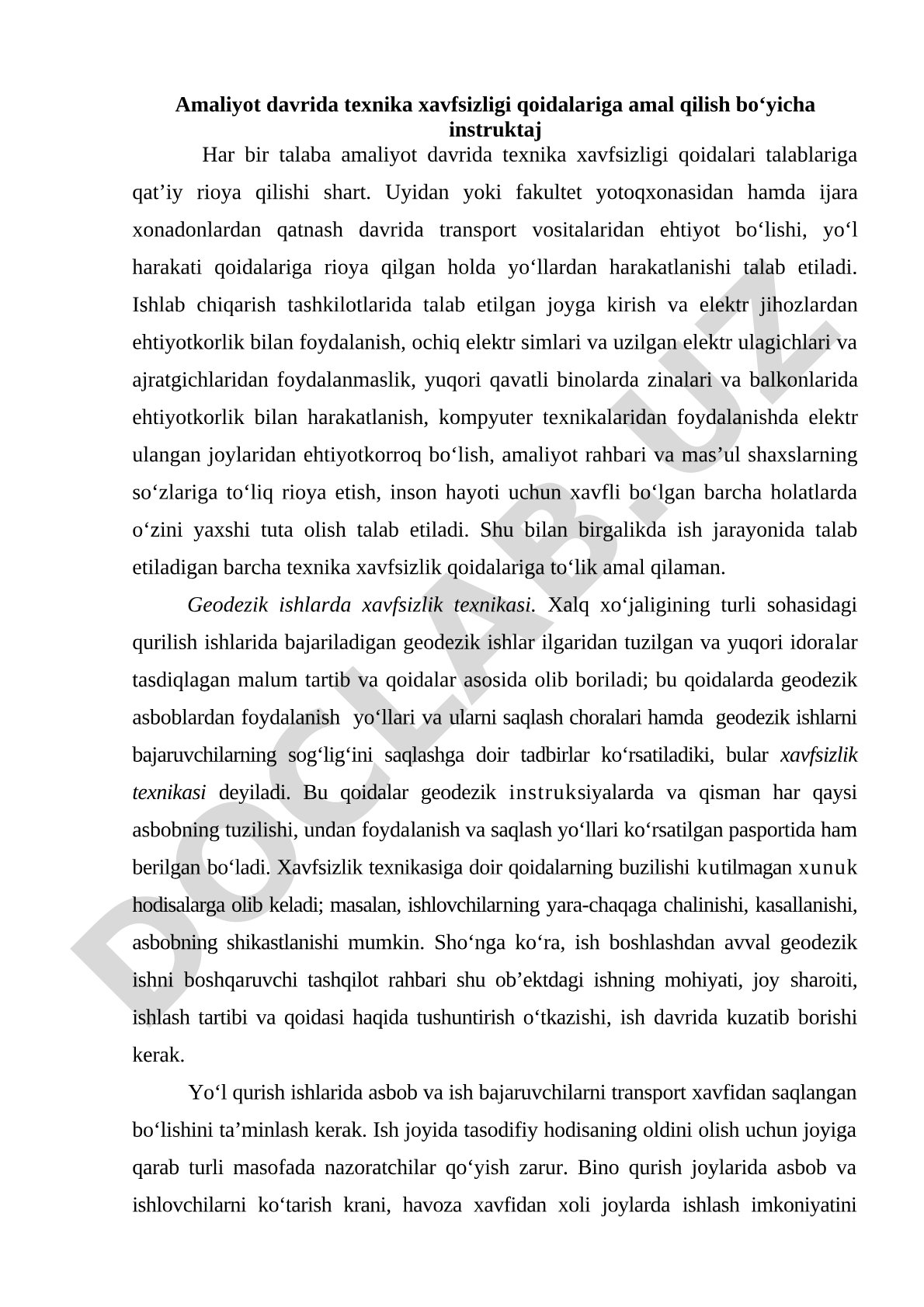 Amaliyot davrida texnika xavfsizligi qoidalari