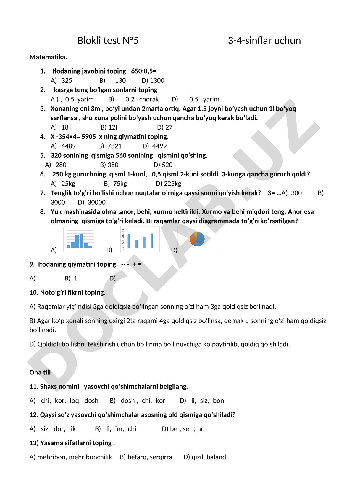 Blokli test №5 3-4-sinflar uchun Matematika