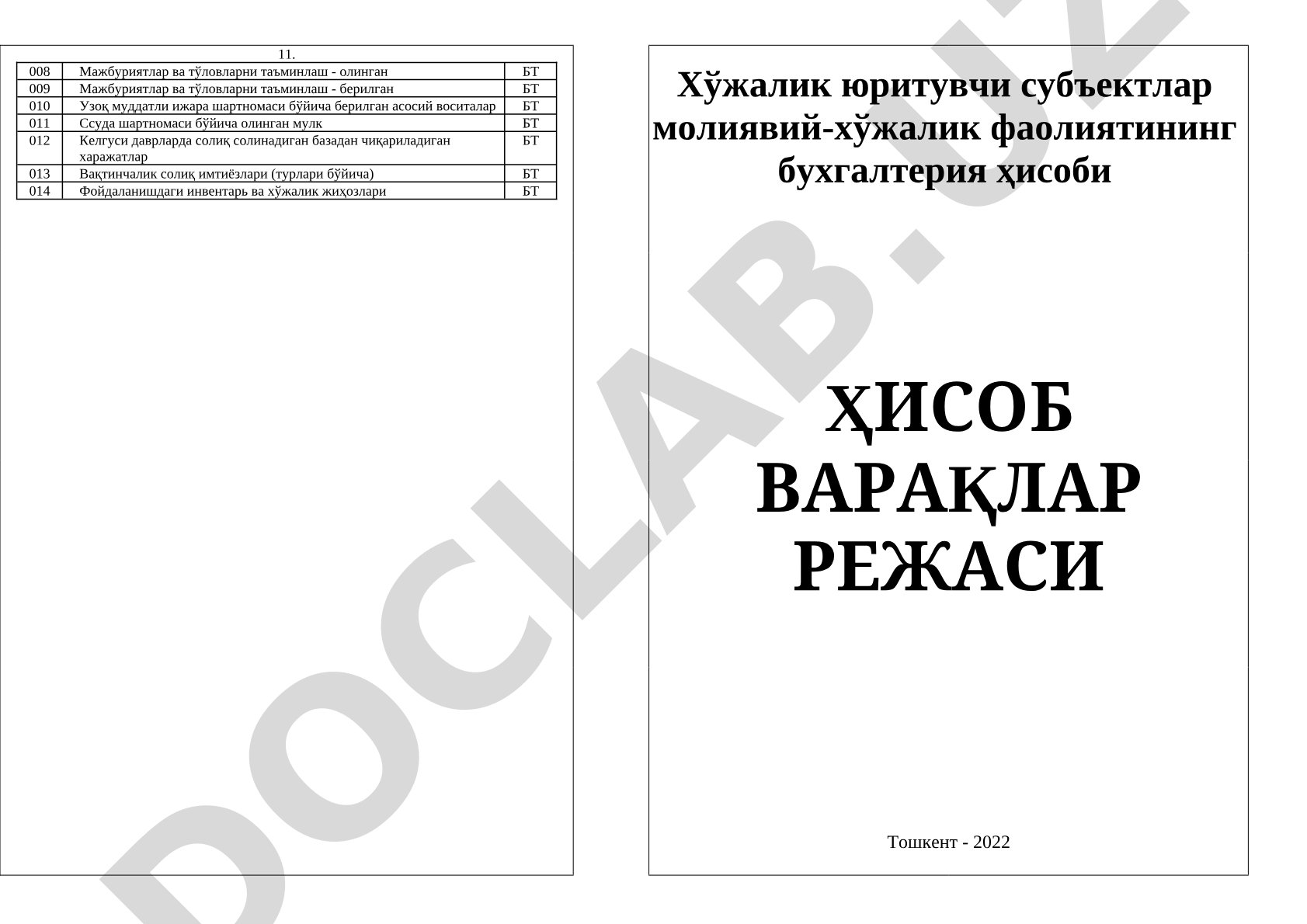 Хўжалик юритувчи субъектлар молиявий-хўжалик фаолиятининг бухгалтерия ҳисоби ҲИСОБ ВАРАҚЛАР РЕЖАСИ