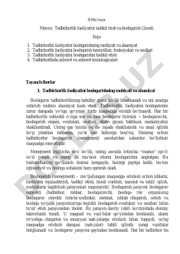 Tadbirkorlik faoliyatini tashkil etish va boshqarish