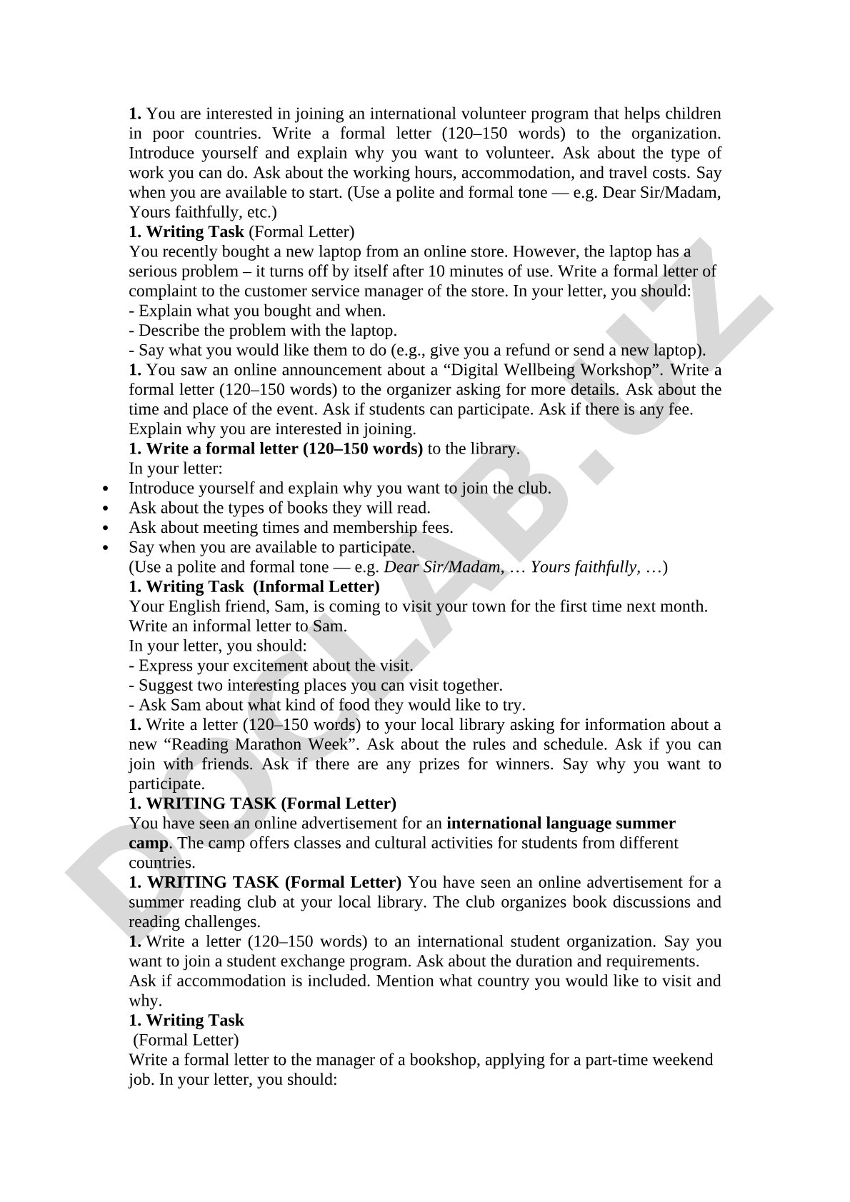Formal Letter Writing Tasks