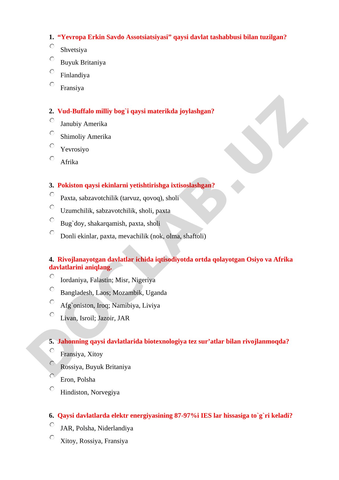 Jahon geografiyasi va iqtisodiyoti bo'yicha test savollari
