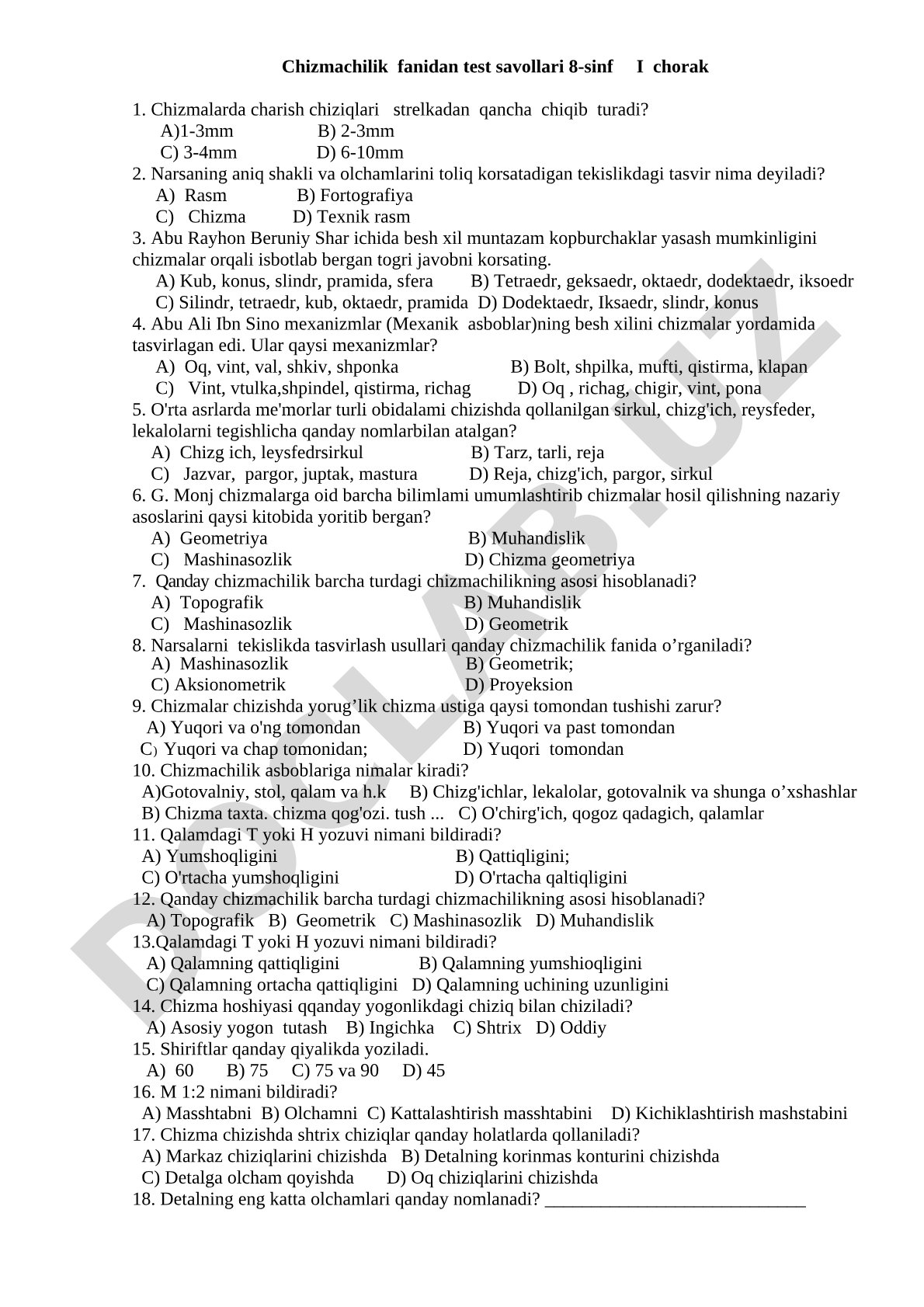 8-sinf Chizmachilik fanidan I chorak test savollari