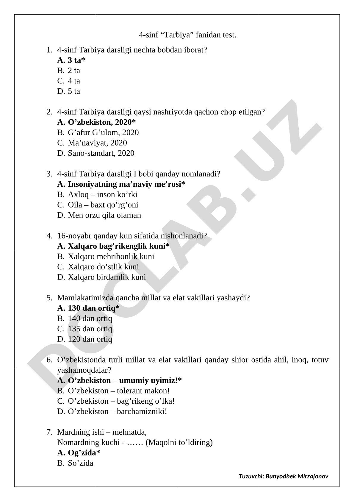 4-sinf Tarbiya fanidan test savollari