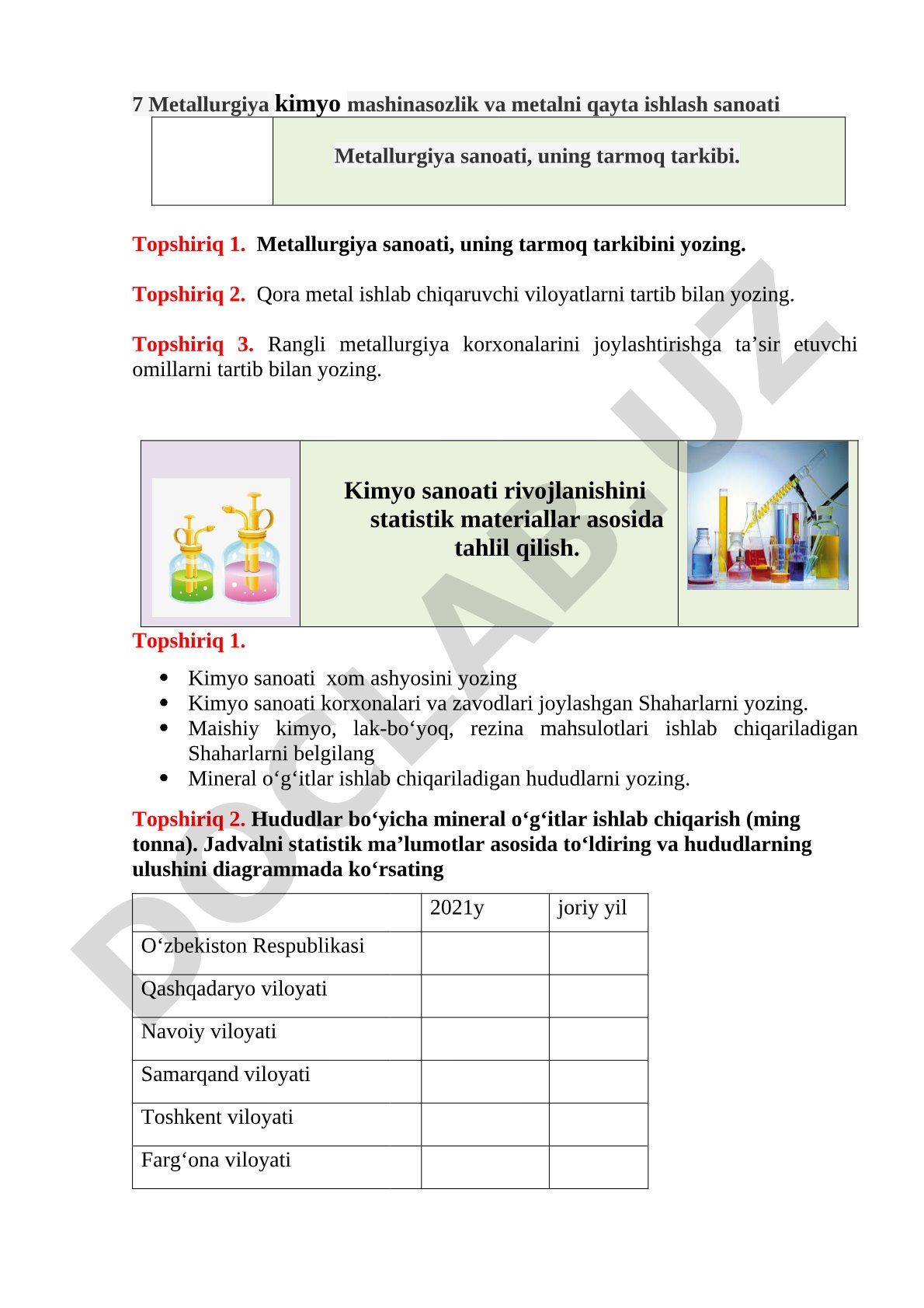 Metallurgiya kimyo mashinasozlik va metalni qayta ishlash sanoati