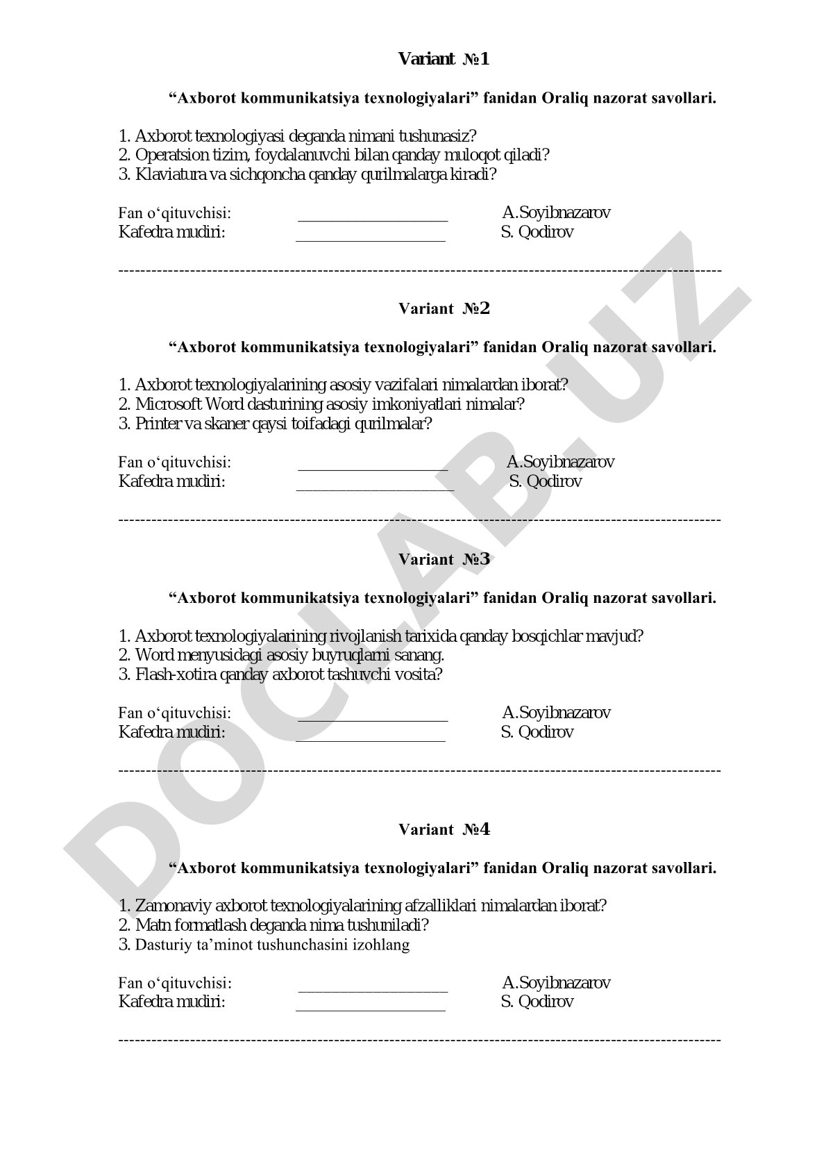 Axborot kommunikatsiya texnologiyalari fanidan Oraliq nazorat savollari