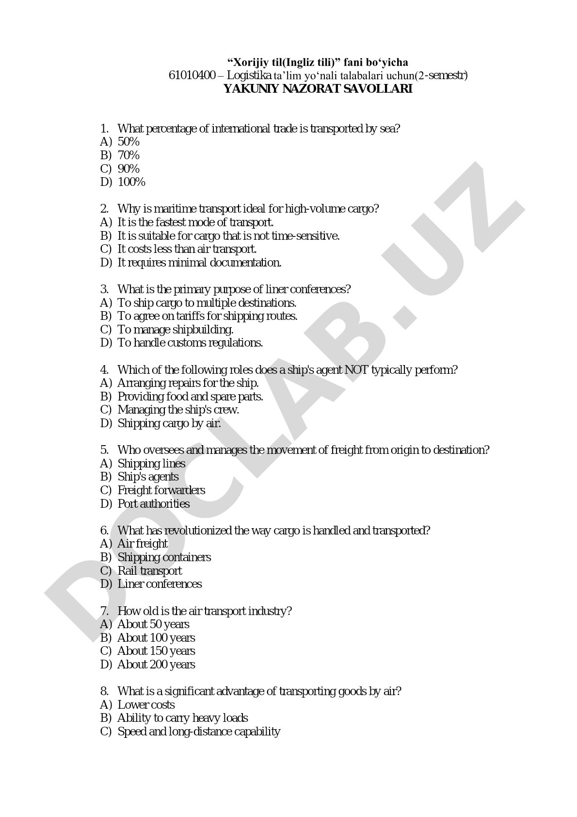 Final exam questions for Logistics students