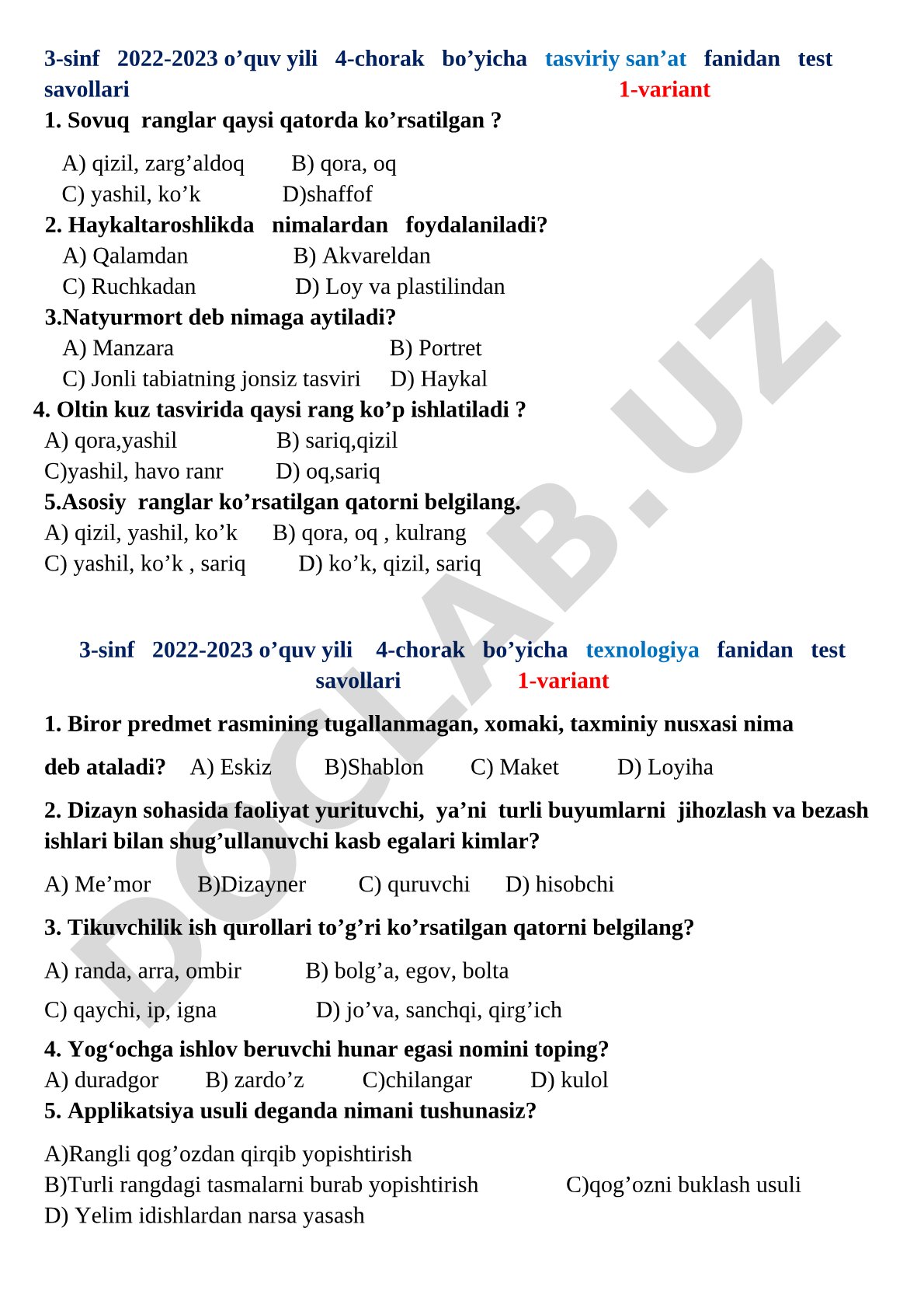 3-sinf 4-chorak tasviriy san'at va texnologiya fanlaridan test savollari