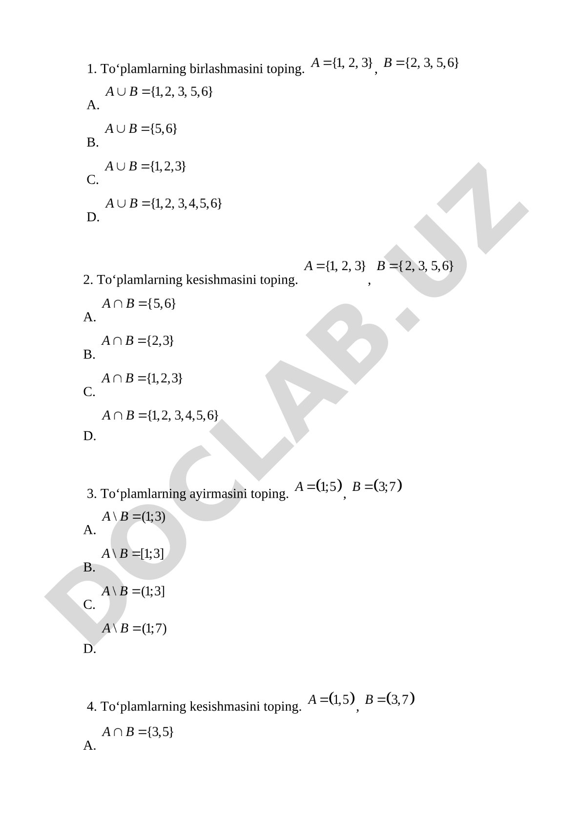 Matematikadan to'plamlar, determinantlar, vektorlar va boshqa mavzulardagi test savollari