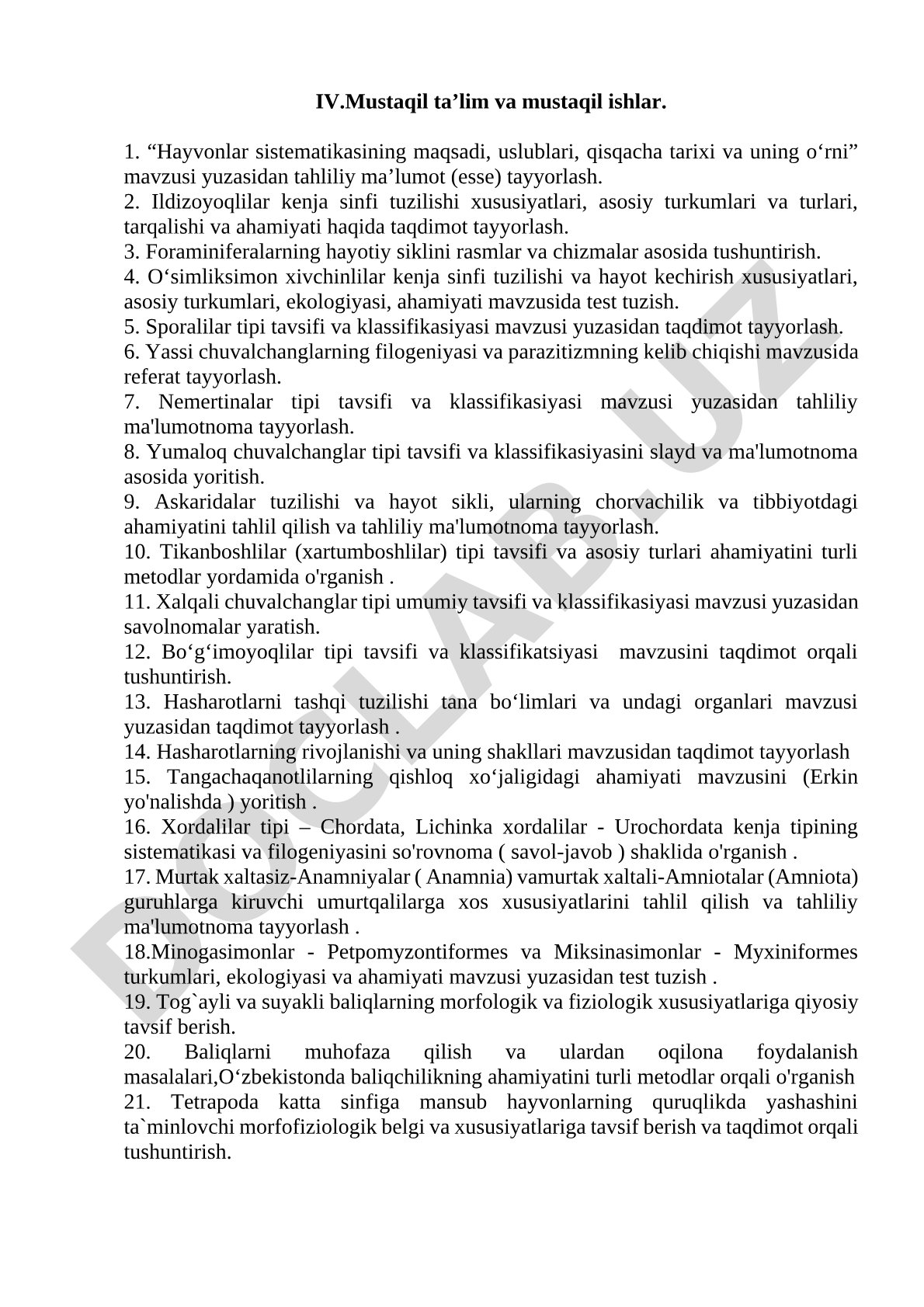 Zoologiya fanidan mustaqil ta'lim topshiriqlari