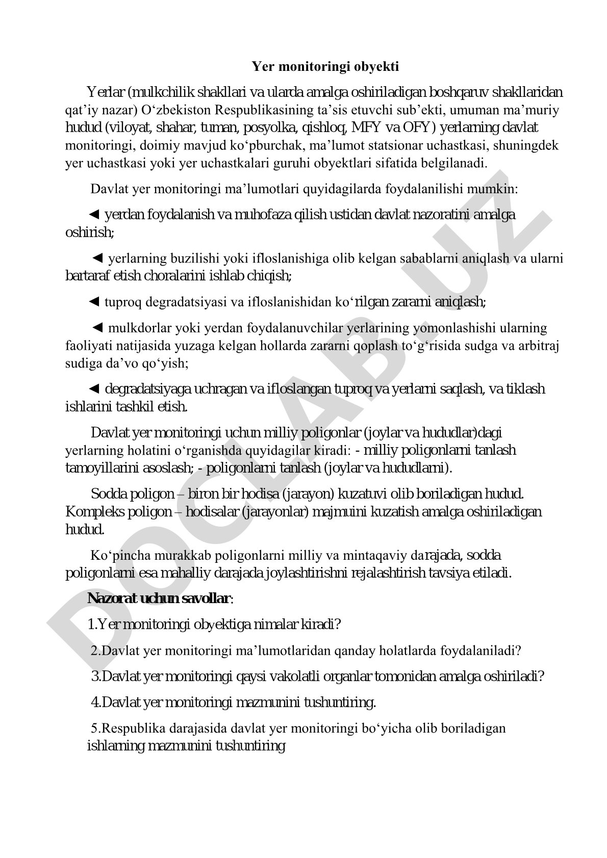 Davlat yer monitoringi ob'ektlari va ma'lumotlaridan foydalanish yo'nalishlari