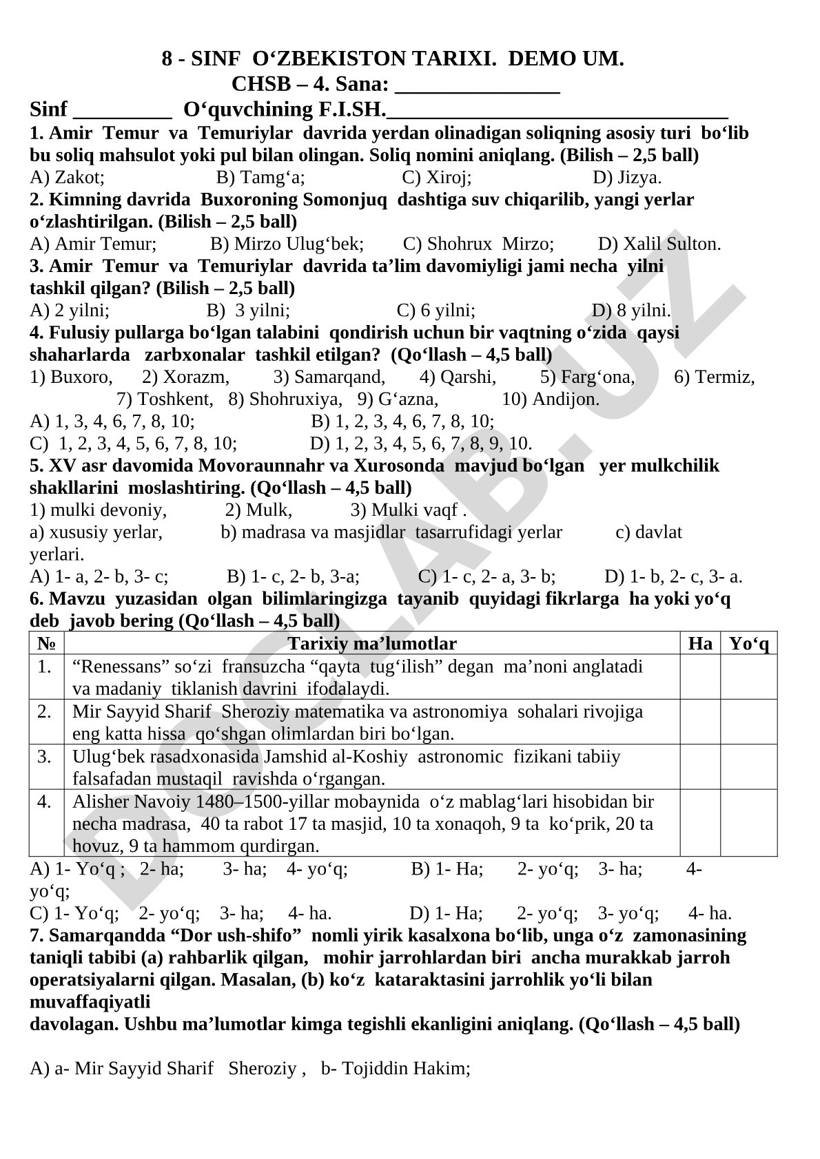 8-sinf O‘zbekiston tarixi demo CHSB – 4
