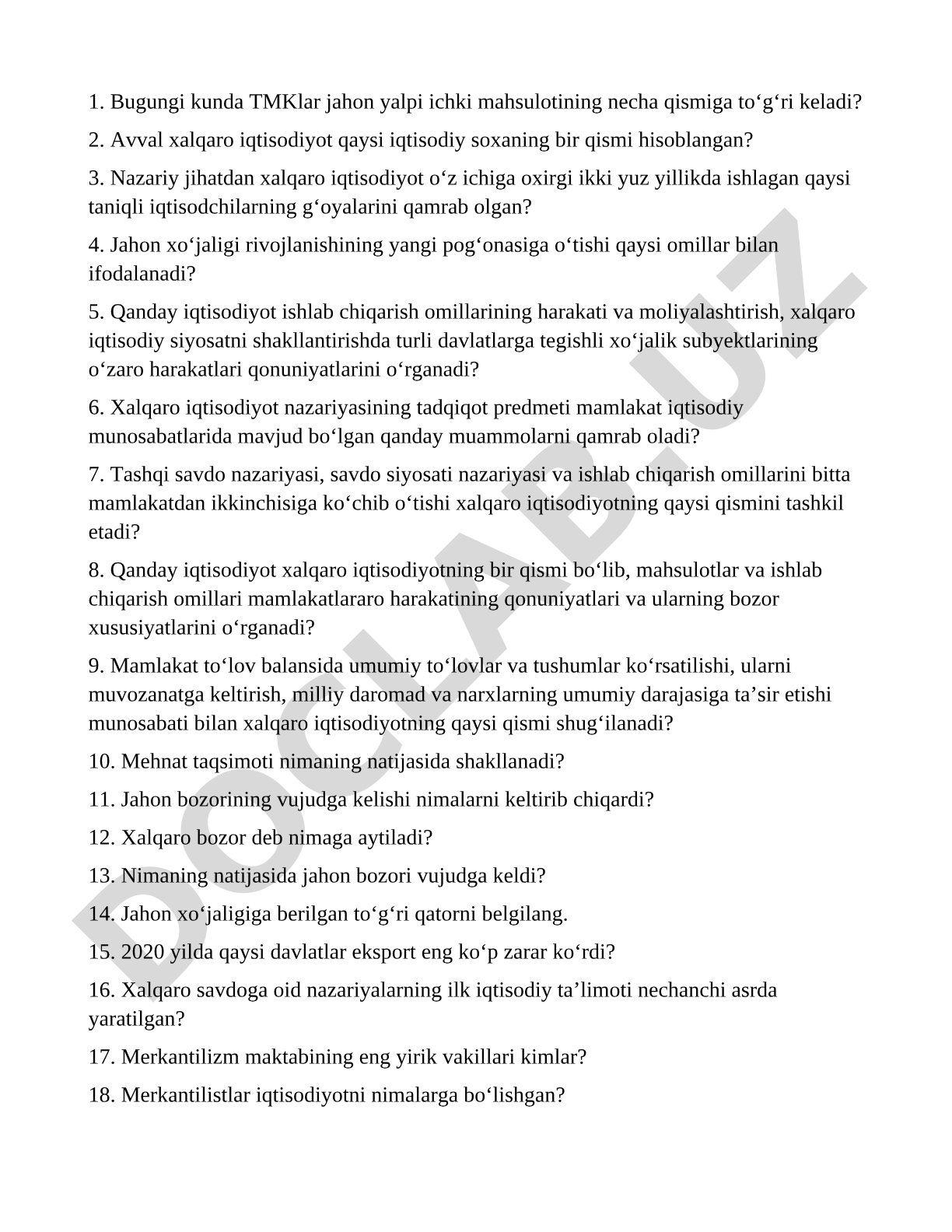Xalqaro iqtisodiyotga oid savollar