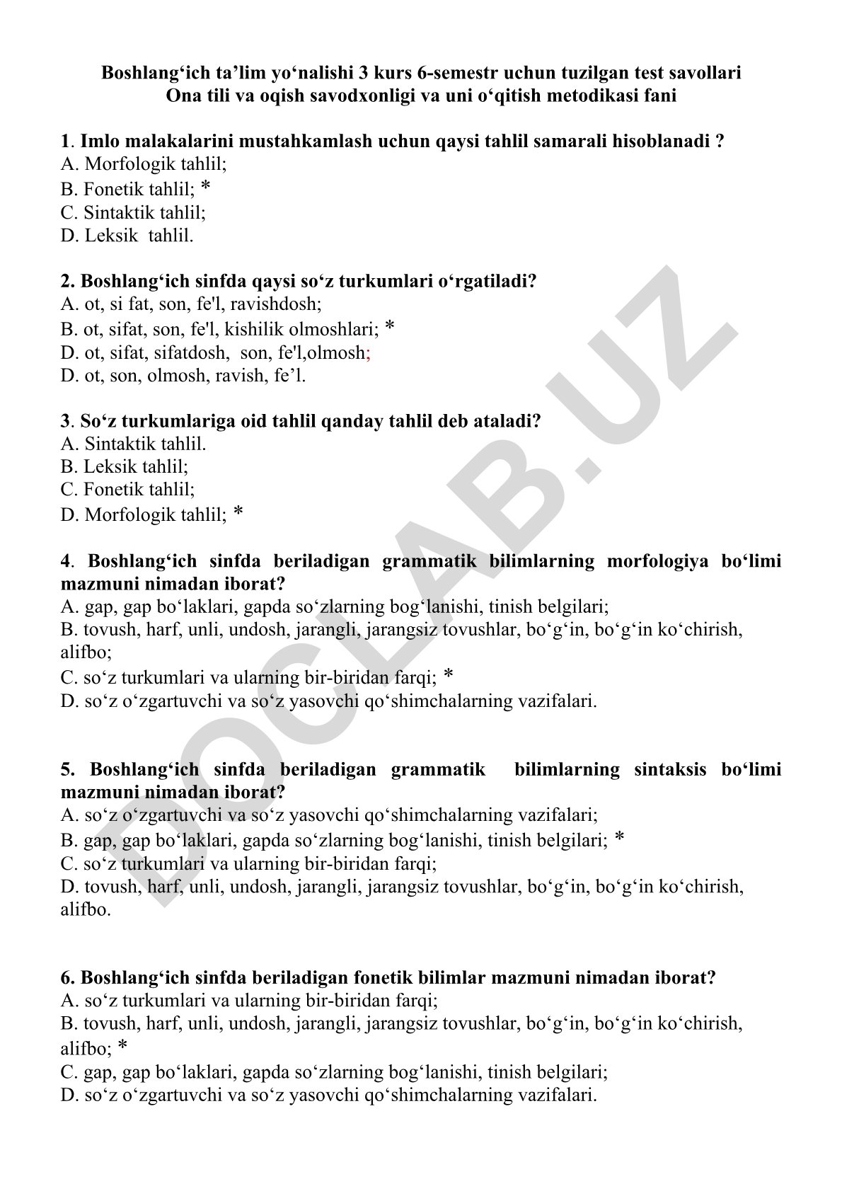 Boshlang'ich sinflarda ona tili va o'qish savodxonligi test savollari