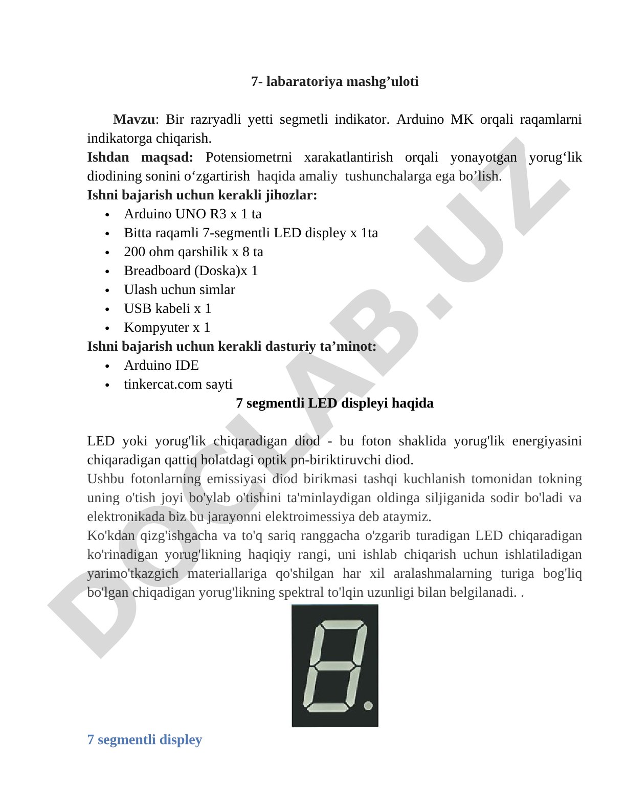 Bir razryadli yetti segmetli indikator. Arduino MK orqali raqamlarni indikatorga chiqarish.