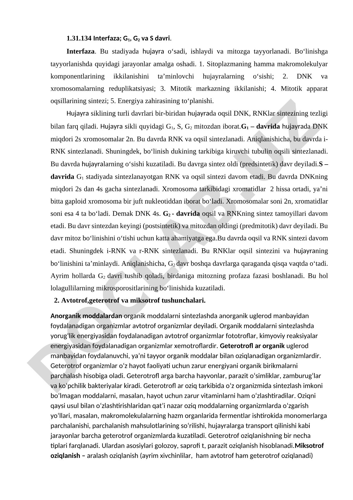 Interfaza, G1, G2 va S davrlarining xususiyatlari