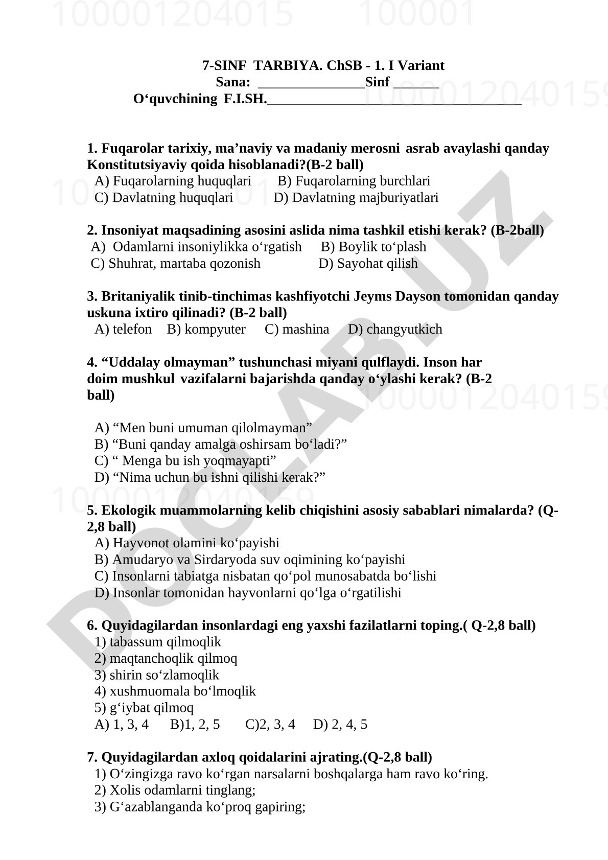 7-sinf Tarbiya ChSB 1-variant test savollari