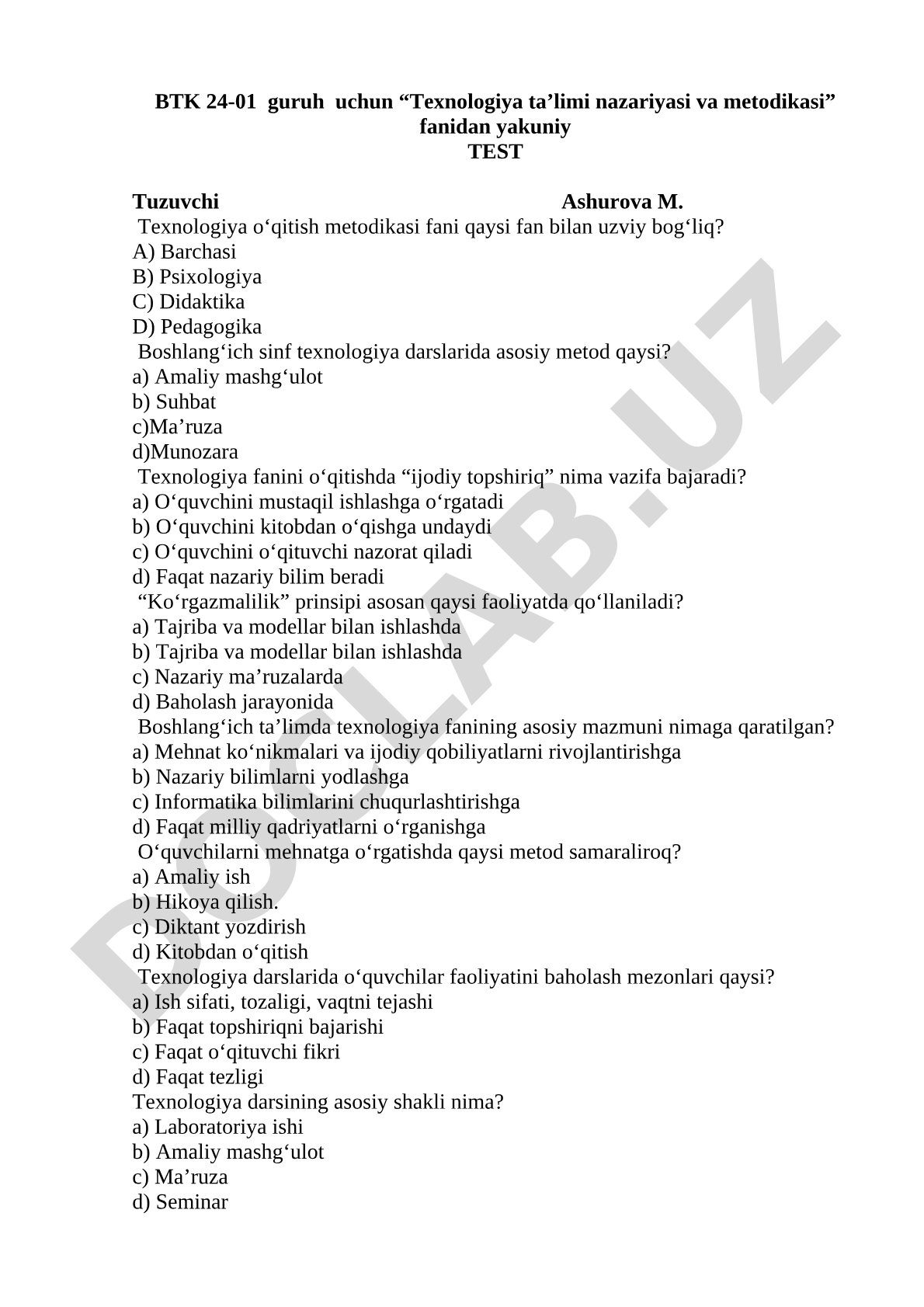 Texnologiya ta’limi nazariyasi va metodikasi fanidan yakuniy test