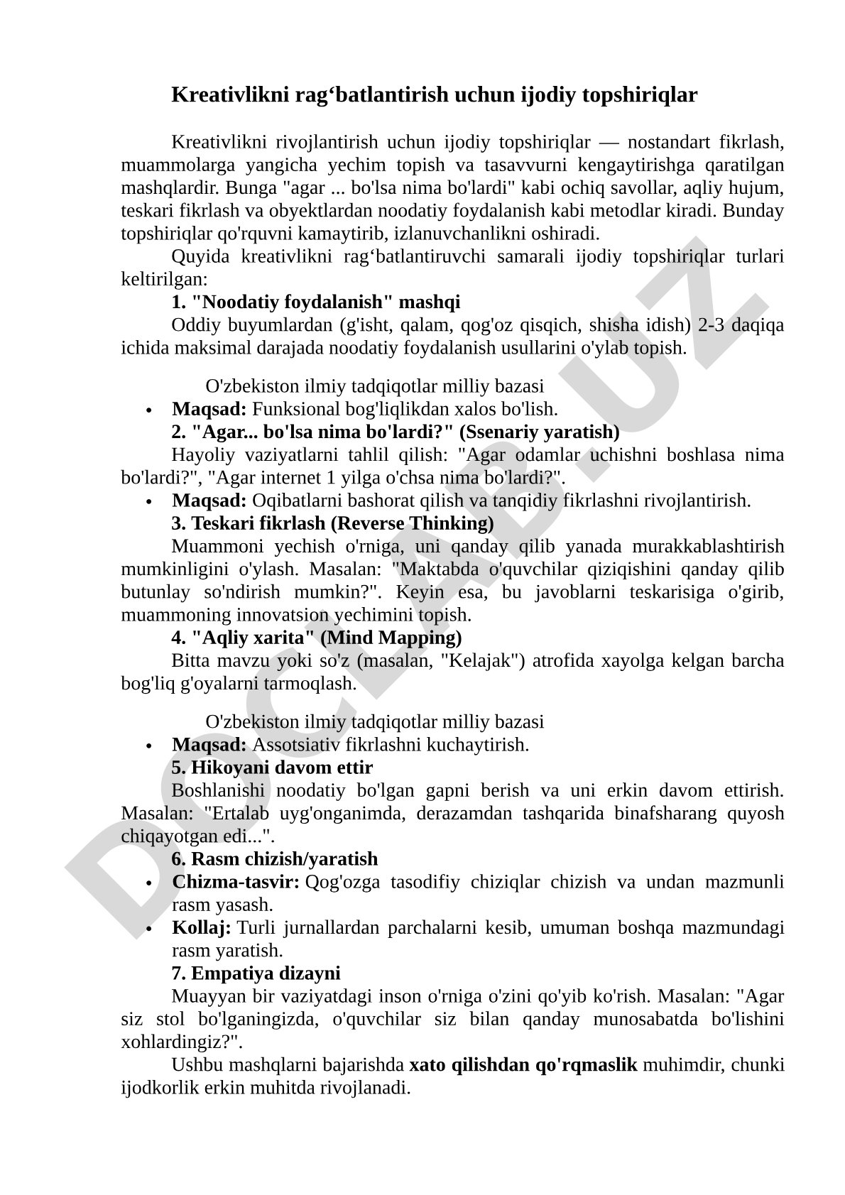 Kreativlikni rag‘batlantirish uchun ijodiy topshiriqlar