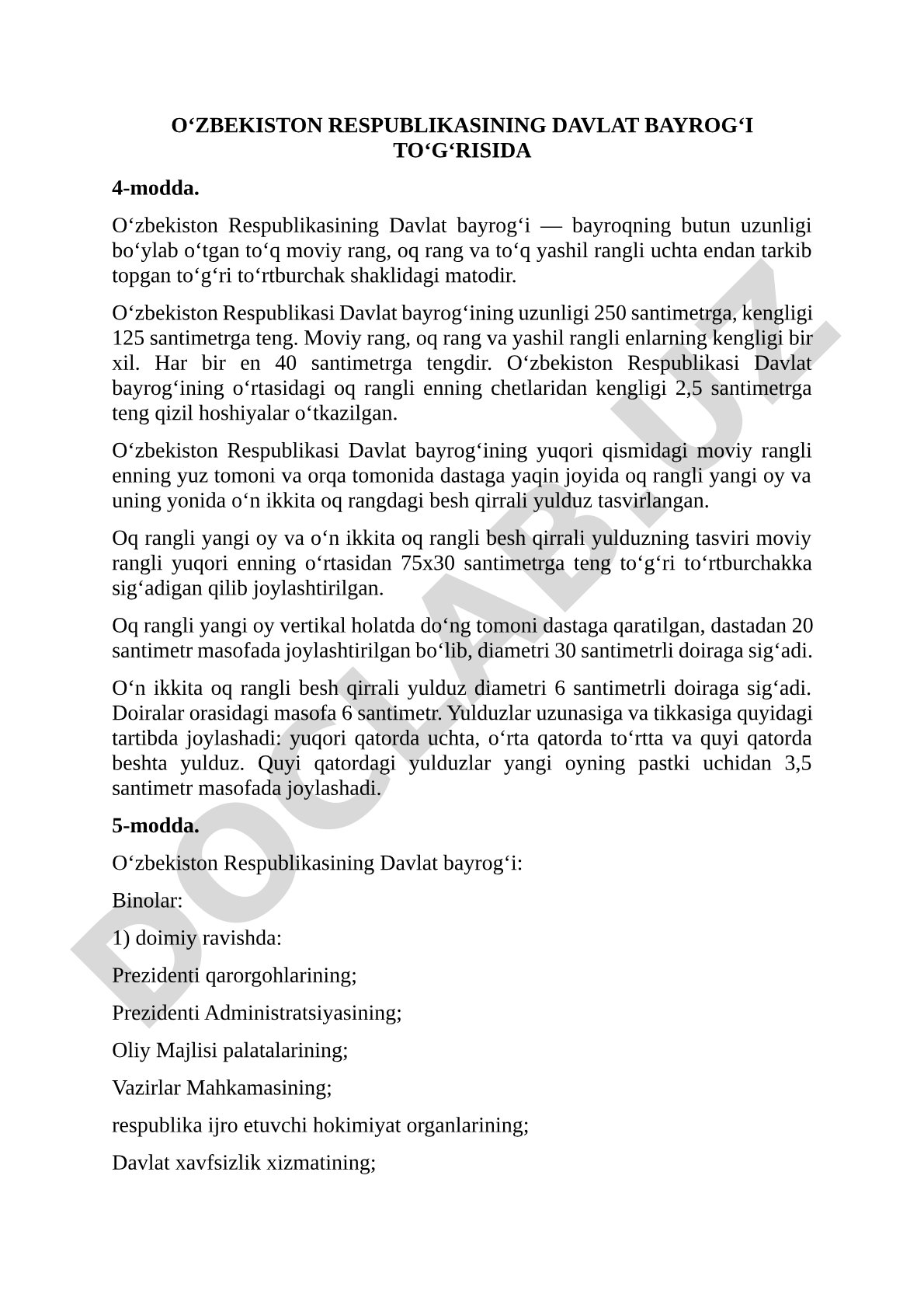 Oʻzbekiston Respublikasining davlat bayrogʻi toʻgʻrisida