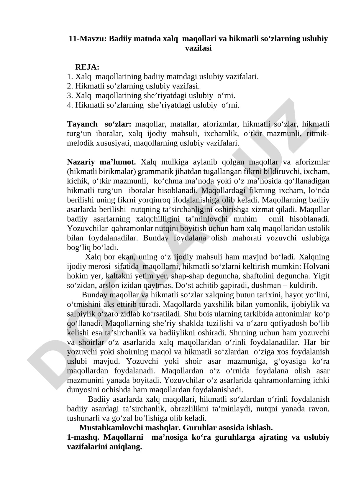 Badiiy matnda xalq maqollari va hikmatli so‘zlarning uslubiy vazifasi