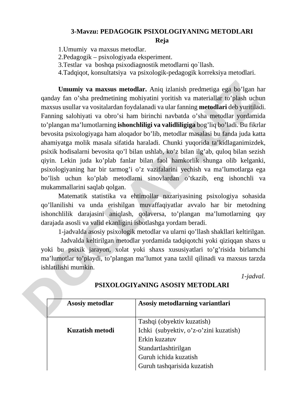 Umumiy va maxsus metodlar, eksperiment, testlar, tadqiqot metodlari haqida ma'lumot