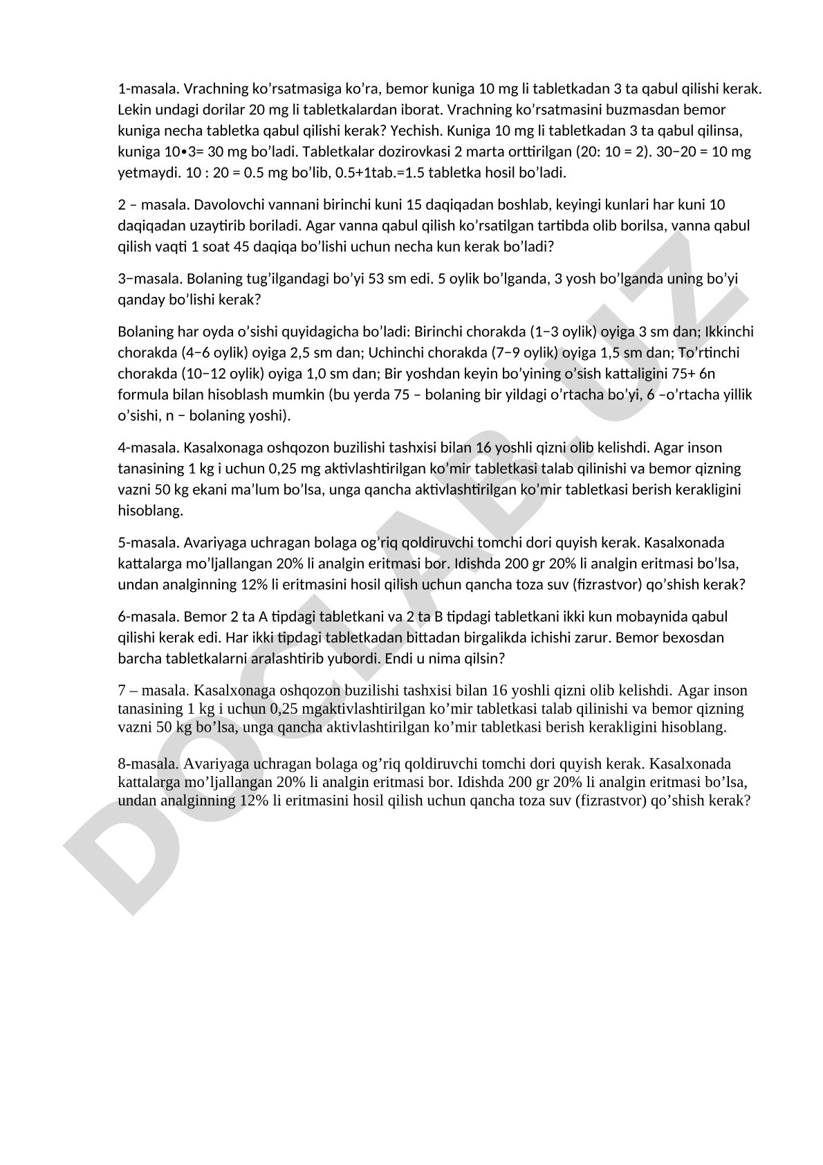 Tibbiy matematik masalalar