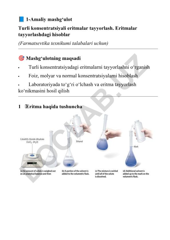 Turli konsentratsiyali eritmalar tayyorlash va hisoblar
