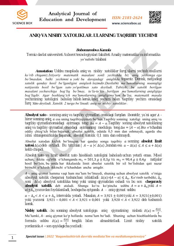 Aniq va nisbiy xatoliklar ularning taqribiy yechimi