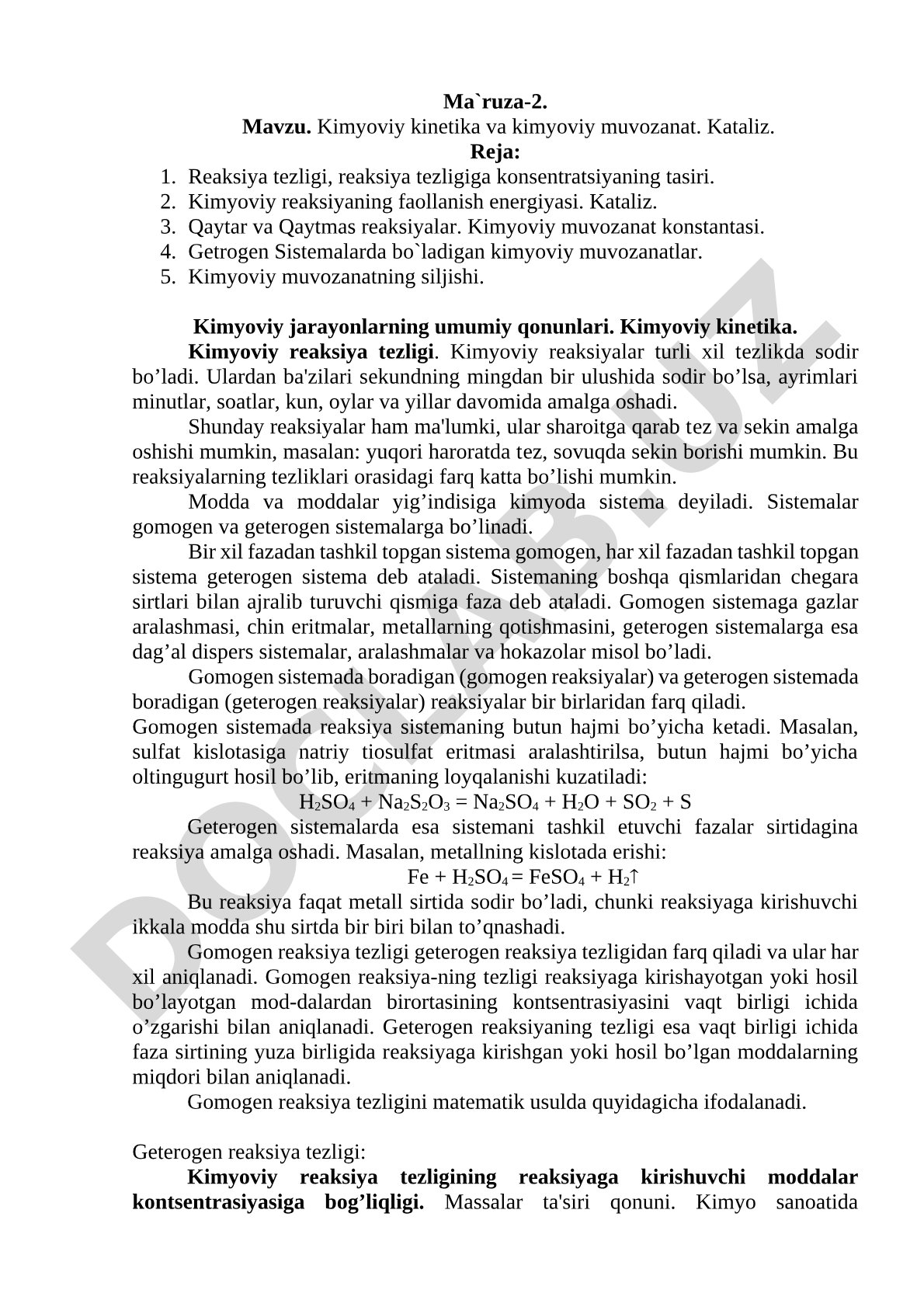 Kimyoviy kinetika va kimyoviy muvozanat. Kataliz.