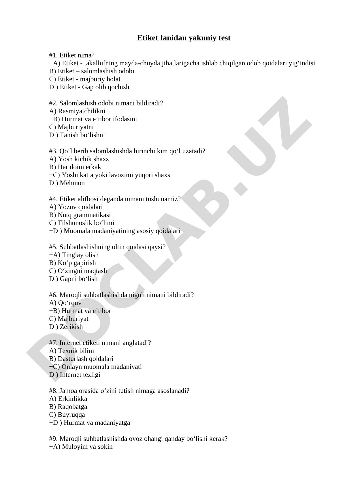 Etiket fanidan yakuniy test savollari