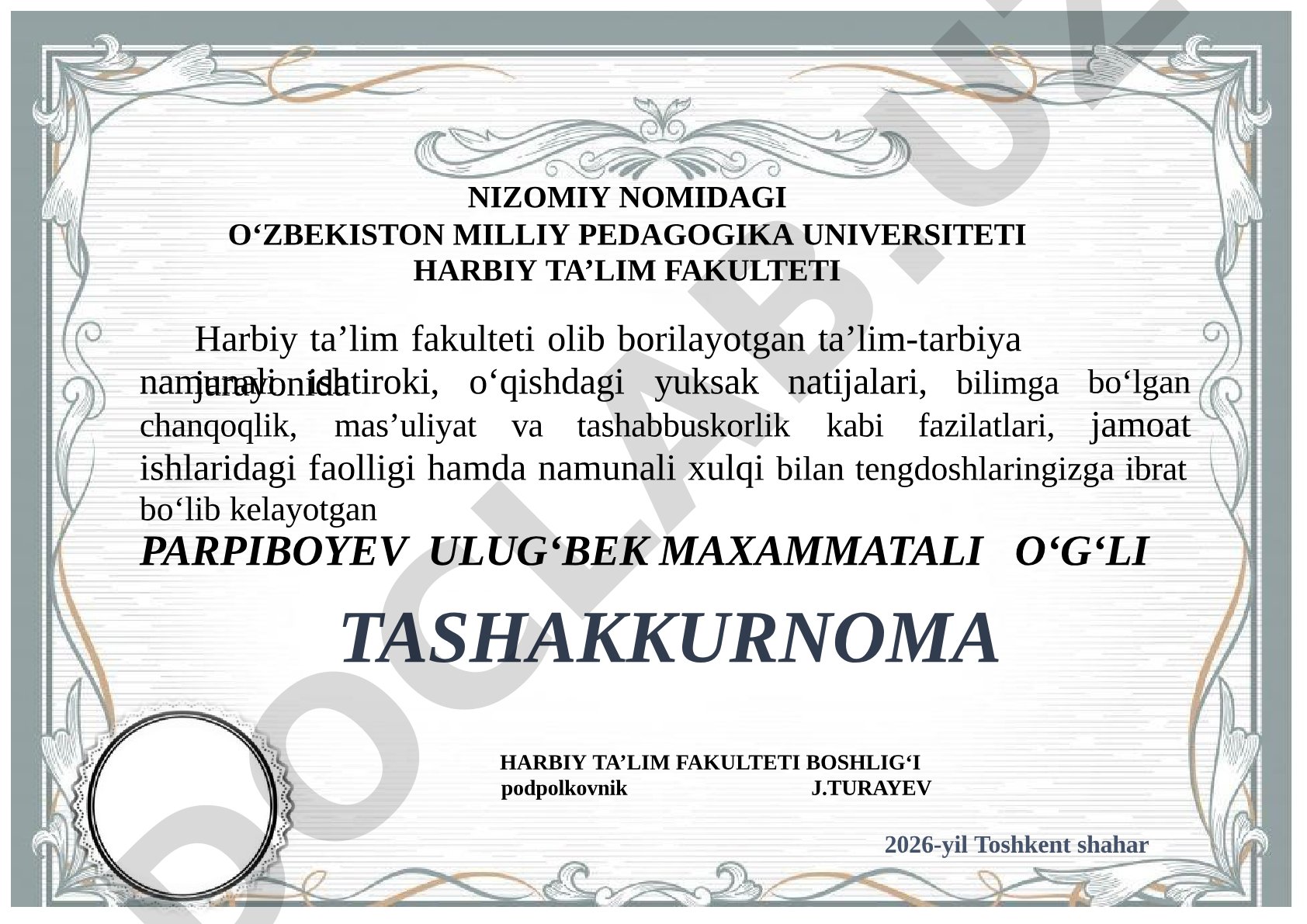 Parpiboyev Ulug‘bek Maxammatali o‘g‘liga tashakkurnoma