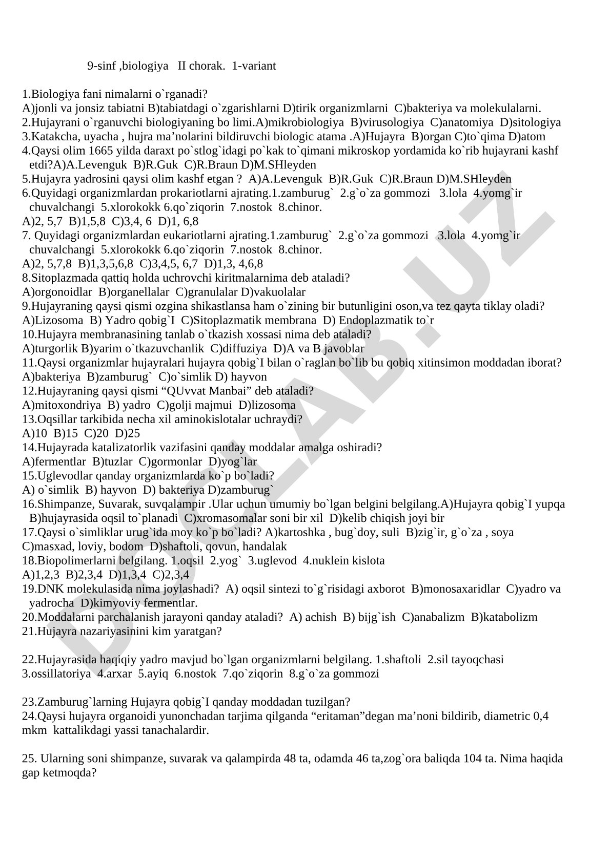 9-sinf biologiya II chorak 1-variant