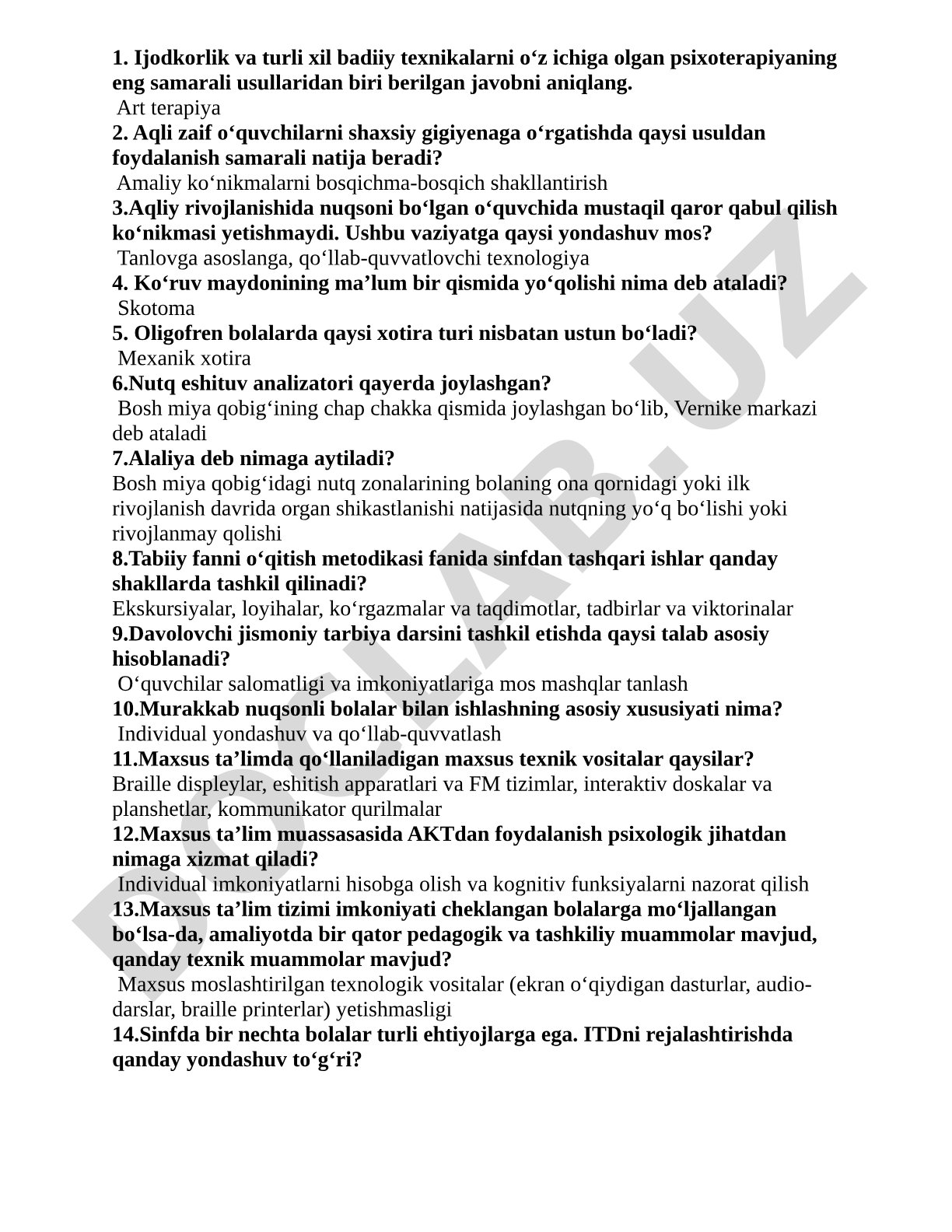 Maxsus pedagogika test savollari
