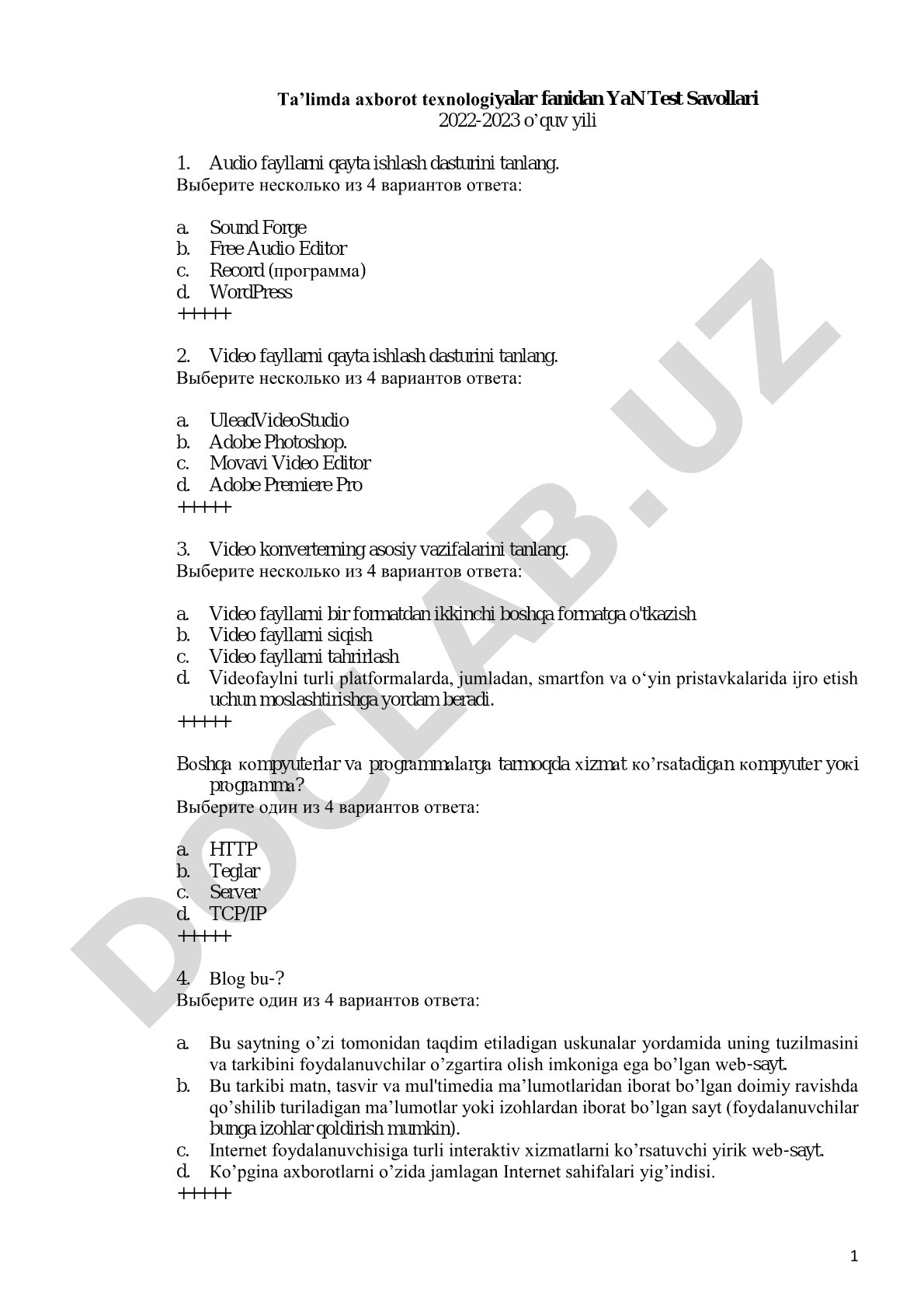 Ta'limda axborot texnologiyalari fanidan test savollari
