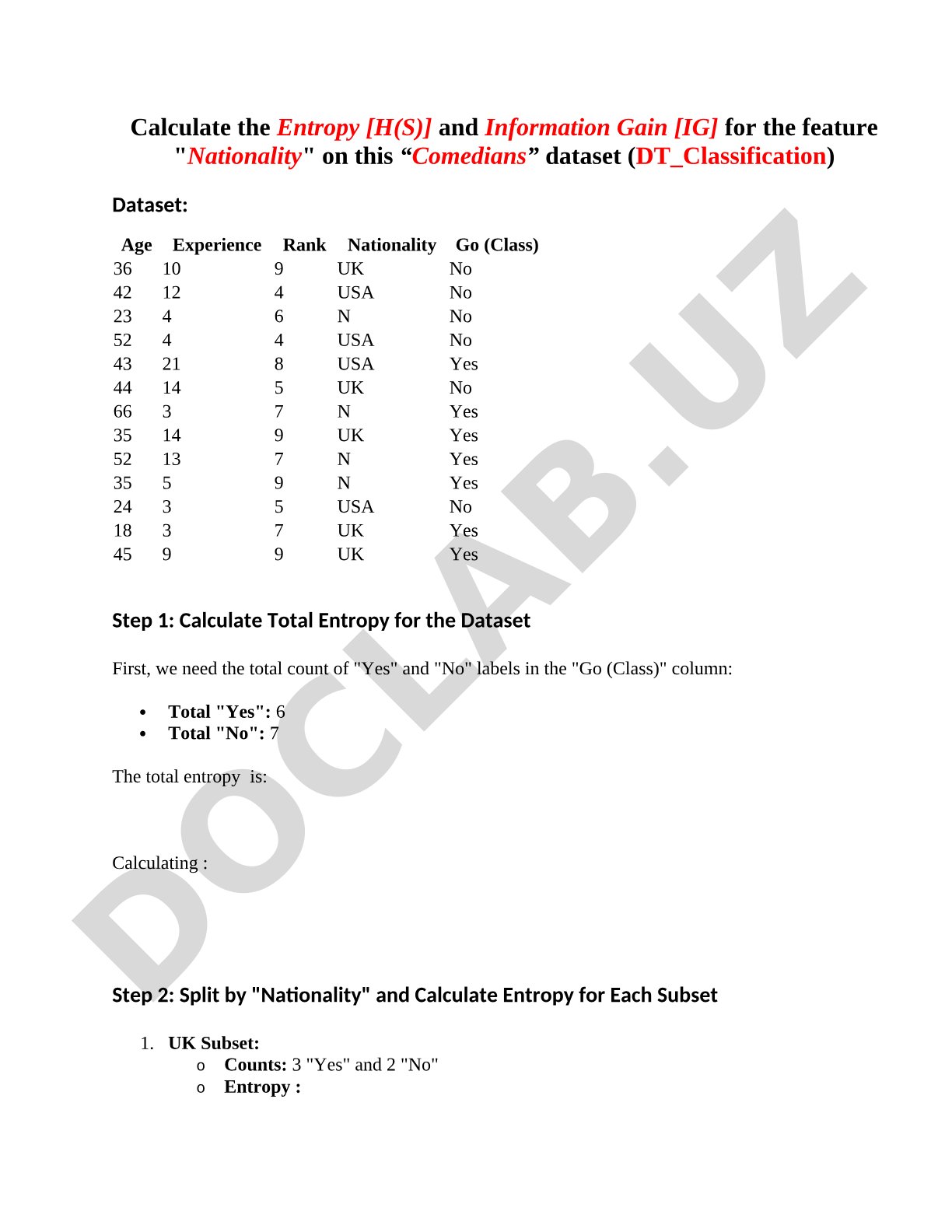 Entropy and Information Gain Calculation for Nationality Feature