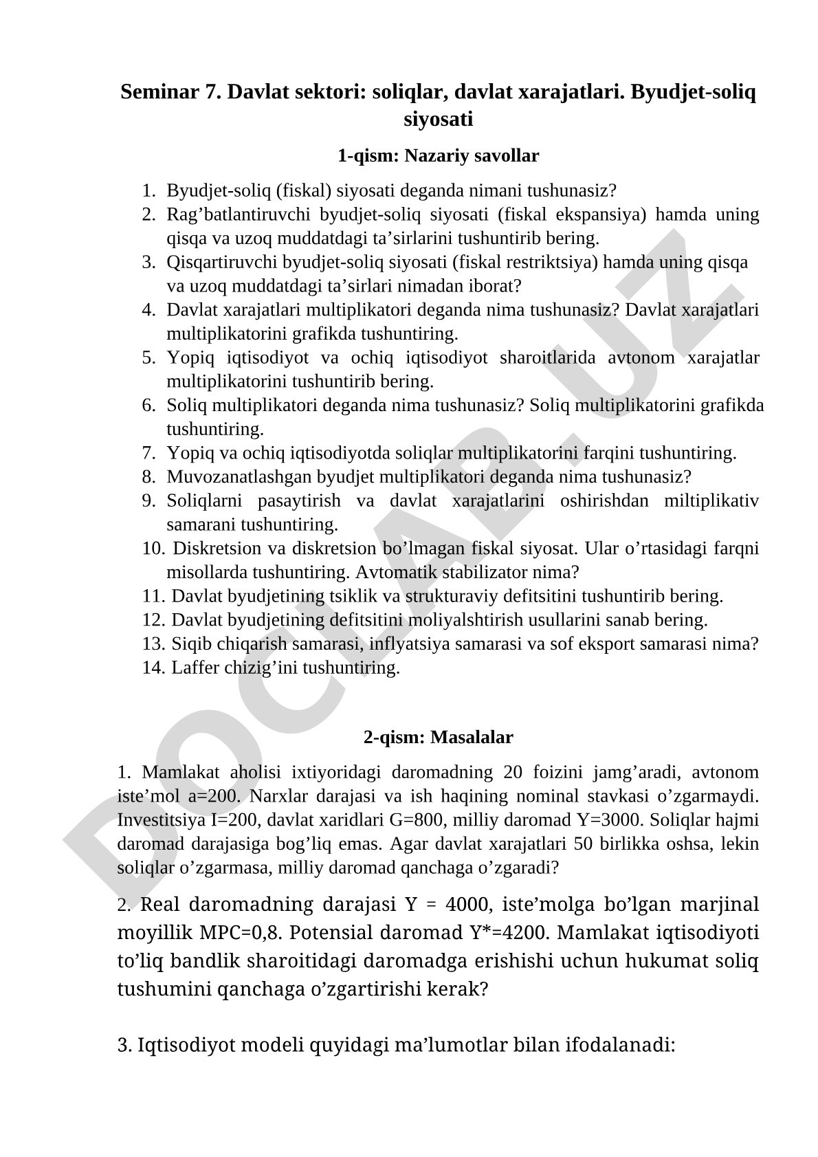 Davlat sektori: soliqlar, davlat xarajatlari. Byudjet-soliq siyosati 1-qism: Nazariy savollar