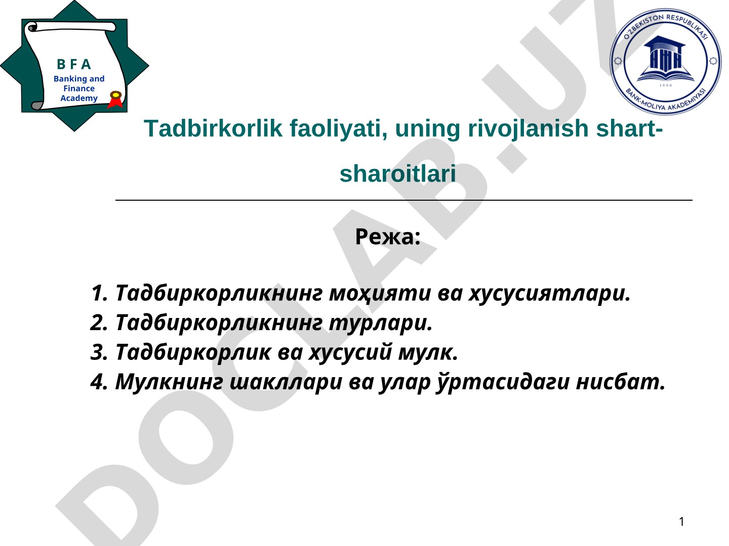 Tadbirkorlik faoliyati, uning rivojlanish shart-sharoitlari