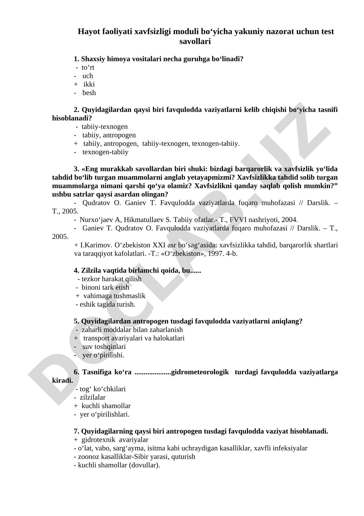 Hayot faoliyati xavfsizligi moduli bo'yicha test savollari
