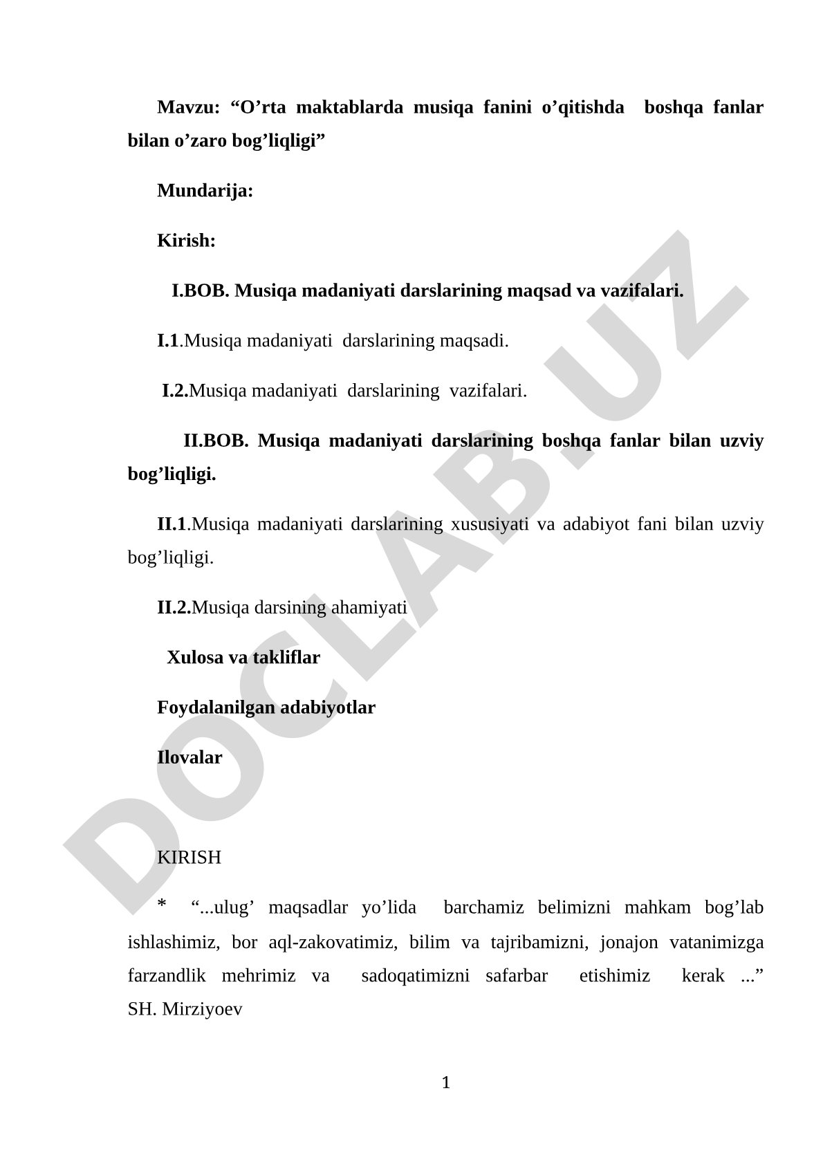 “O’rta maktablarda musiqa fanini o’qitishda boshqa fanlar bilan o’zaro bog’liqligi” Mundarija: Kiris