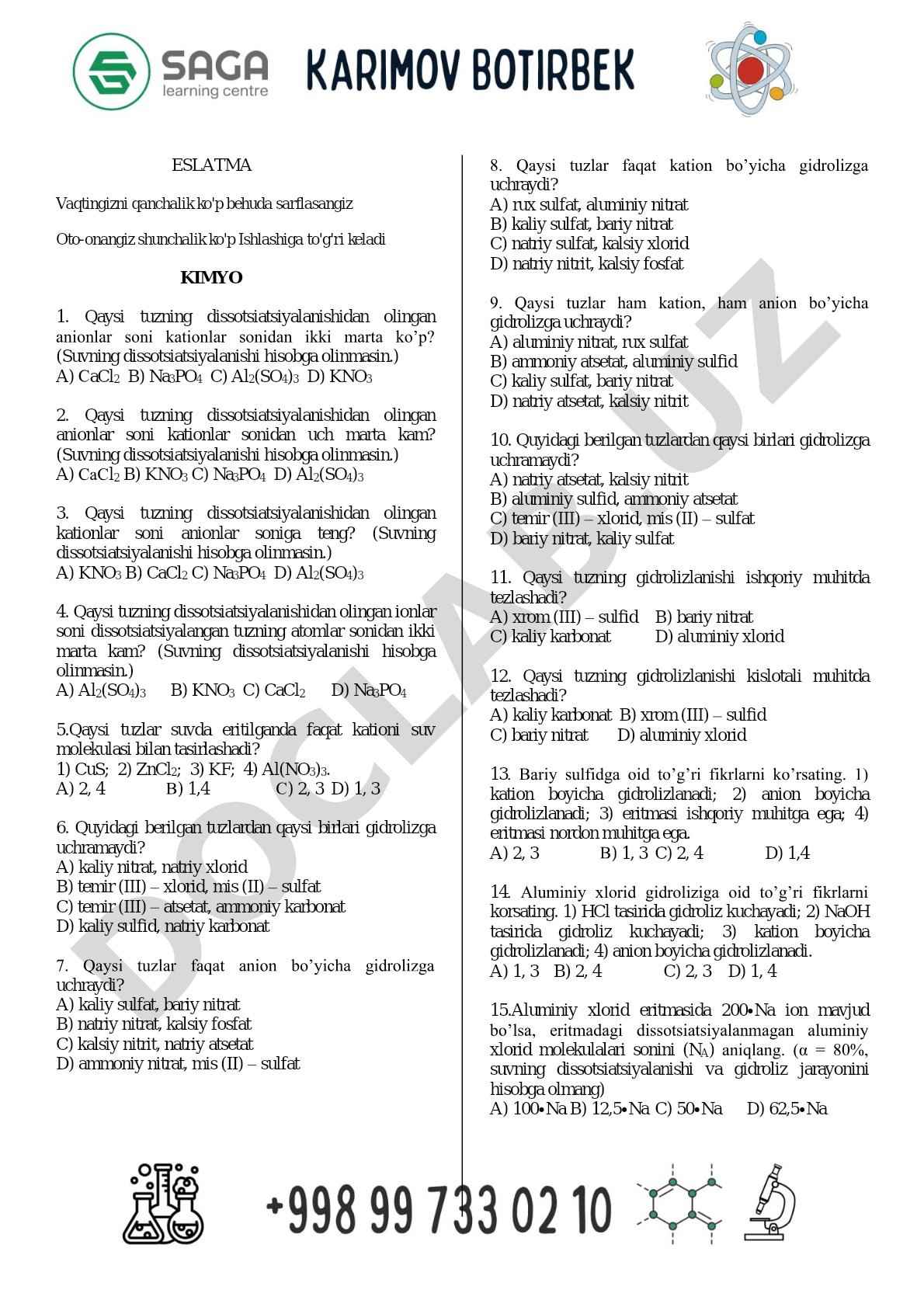 Kimyo dissotsiatsiya va gidrolizga oid test savollari